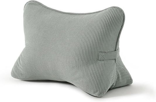 Corduroy Lumbar Support Back Pillow for Sitting Up & Reading, Ergonomic Triangle Back Support Cushion for Sofa, Armchair & Bed, Removable Washable Cover, Grey Green