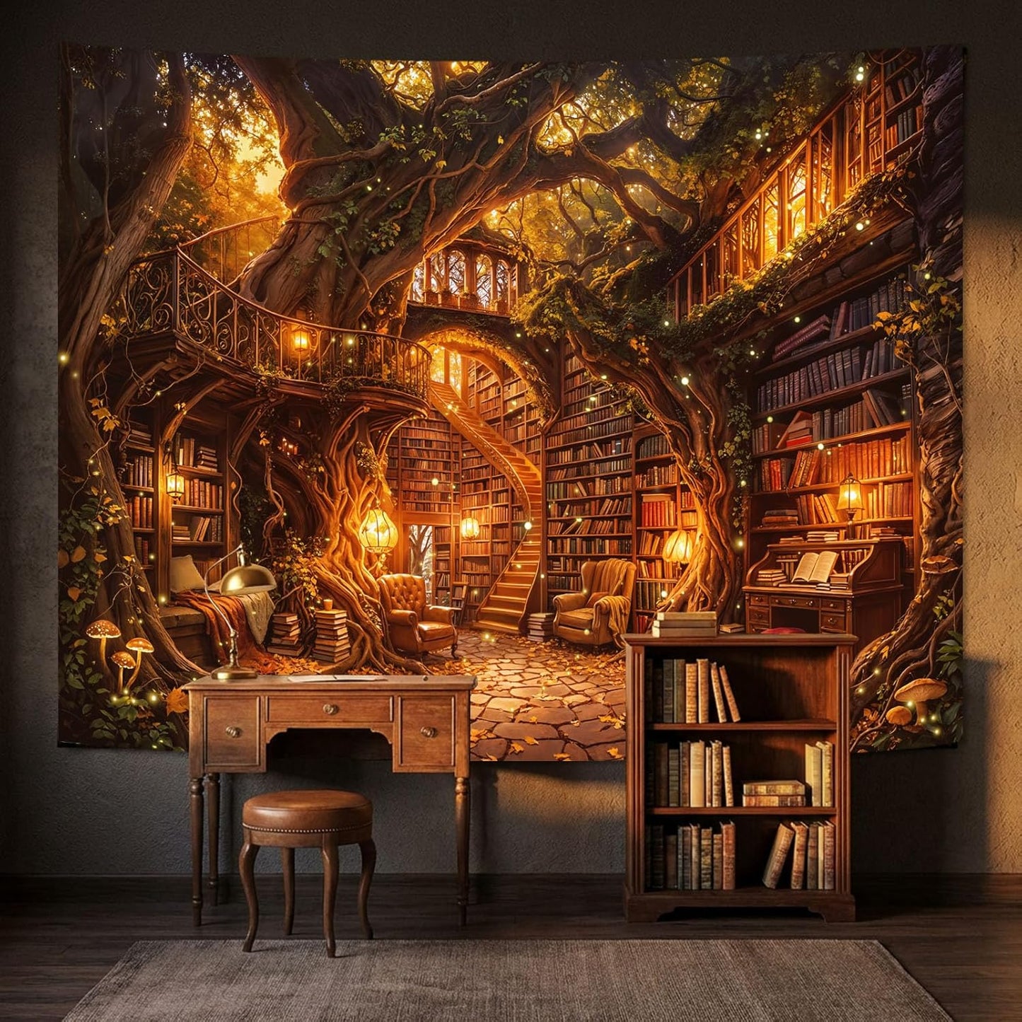 Kanuyee Magical Tree House Library Wall Tapestry, Fantasy Bookshelf Forest Art Tapestries for Room Decor, Enchanted Tapestry 80" x 60"