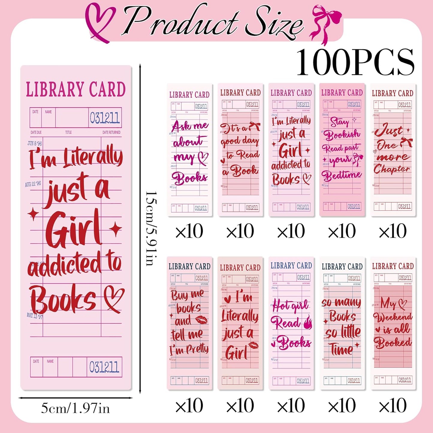 Vintage Bookmark Bulk Gifts - 100 Pcs Pink Library Card Paper Bookmarks for Women Girls Students Book Lovers Retro Quote Page Marks Reading Accessories Bookish Gift for Birthday Christmas