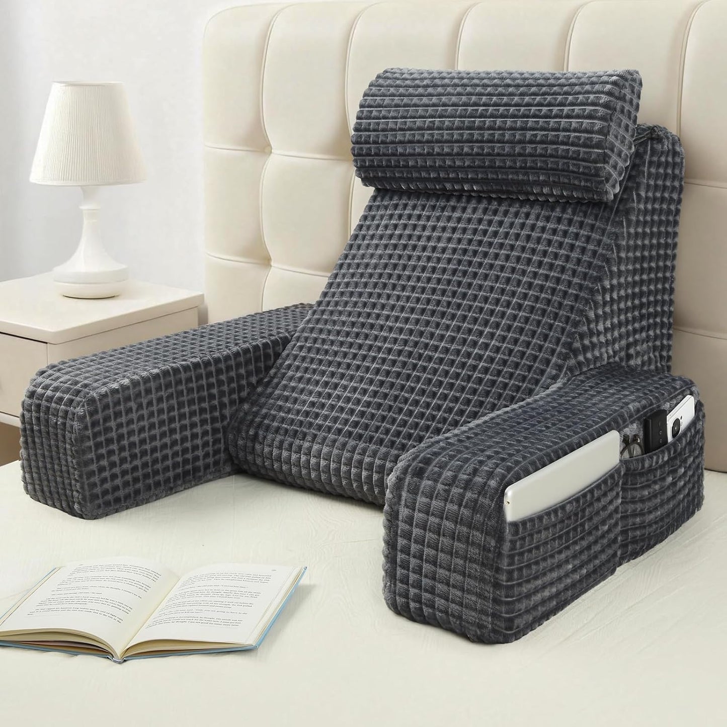 Vekkia Reading Pillow,Back Pillow for Bed Sitting Up Adult,Backrest Support Pillow with Build-in Arms & XL Pockets,Rest Chair for Reading,Gaming,Relaxing,Working or Watching TV in Bed/Floor-19'' Grey