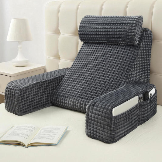 Vekkia Reading Pillow,Back Pillow for Bed Sitting Up Adult,Backrest Support Pillow with Build-in Arms & XL Pockets,Rest Chair for Reading,Gaming,Relaxing,Working or Watching TV in Bed/Floor-19'' Grey