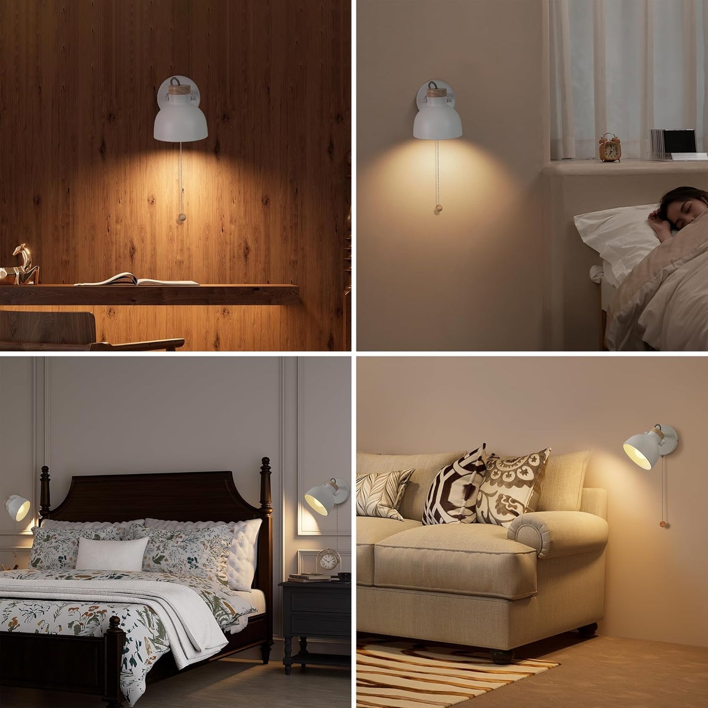 Aisilan Wall Sconce with Pull Chain White Metal Wall Light for Bedside Wooden Indoor Wall Mounted Lamp with E12 Bulb Hardwire Wall Sconces for Bedroom Living Room Hallway Office 3000k Warm White