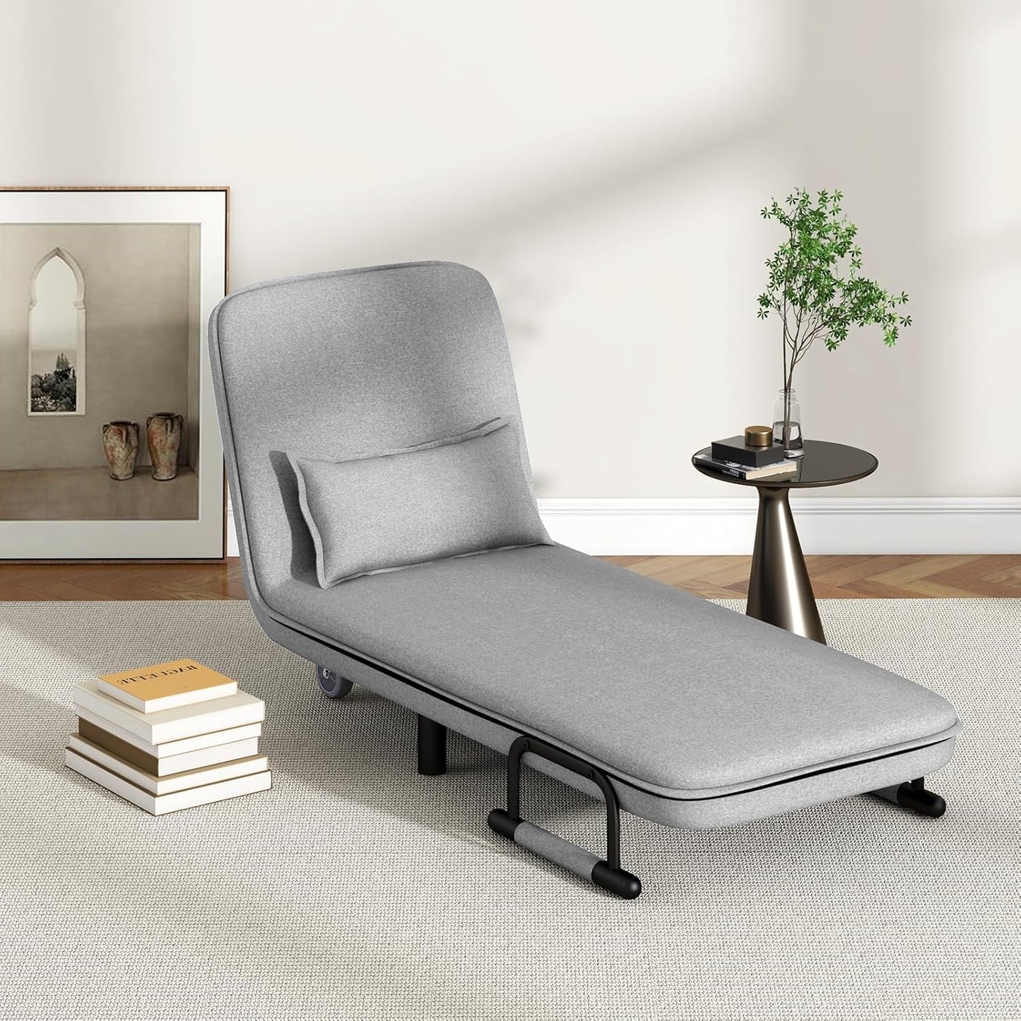 KOMFOTT Convertible Chair, Sleeper Chair with 5-Position Adjustable Backrest & Lumbar Pillow, 2 Hidden Metal Legs & 2 Lockable Casters, Comfy Chaise Lounge for Living Room & Home Office, Grey