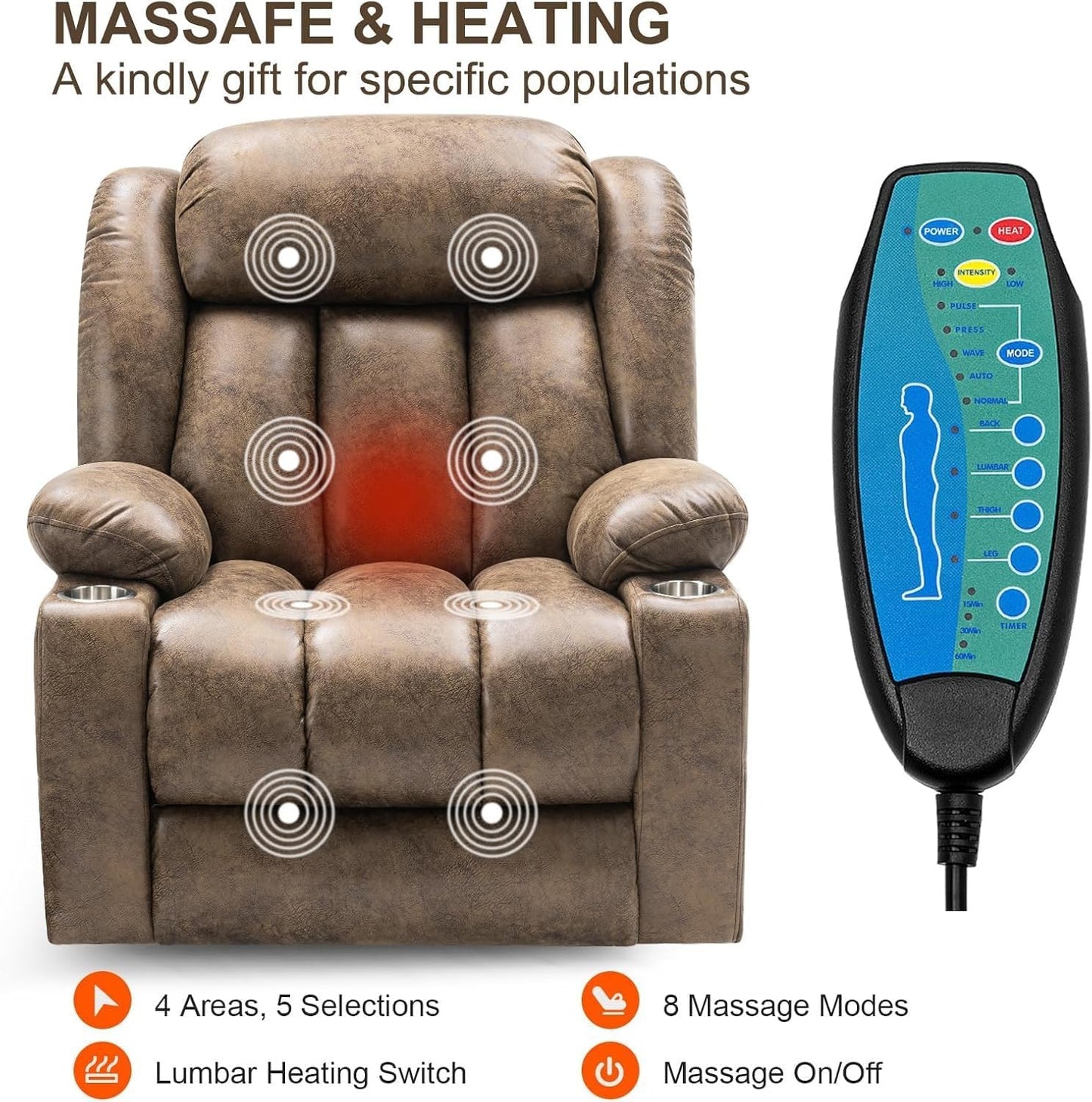 Oversized Electric Power Lift Recliner Chair with Massage & Heat, Breathable Leather Upholstery, Cup Holder & USB Port, Adjustable Electric Recliner for Living Room