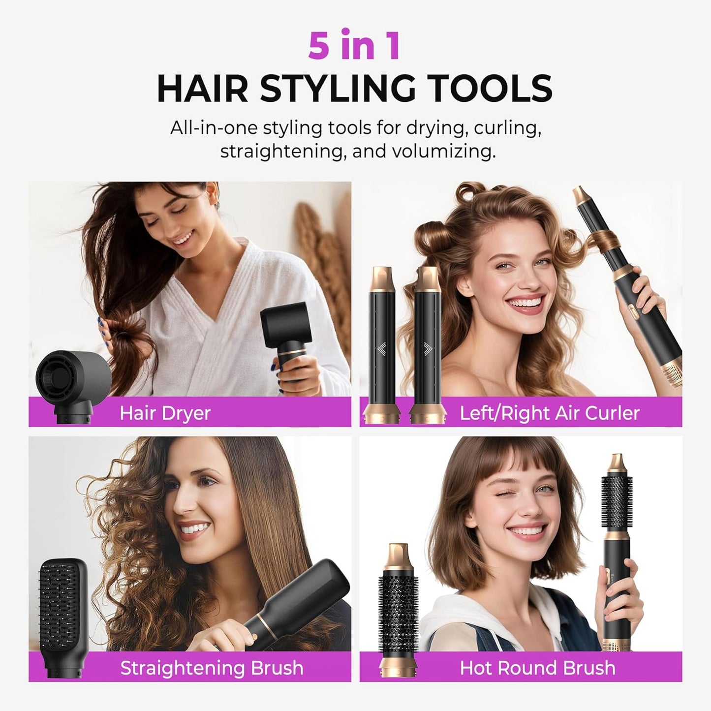 UKliss 5 in 1 Hair Styler & Blow Dryer Brush, Upgraded Detachable Hair Dryer Brush with Negative Ion, Air Curling Wrap for Drying, Curling, Straightening & Volumizing, Styling Tools for All Hair Types