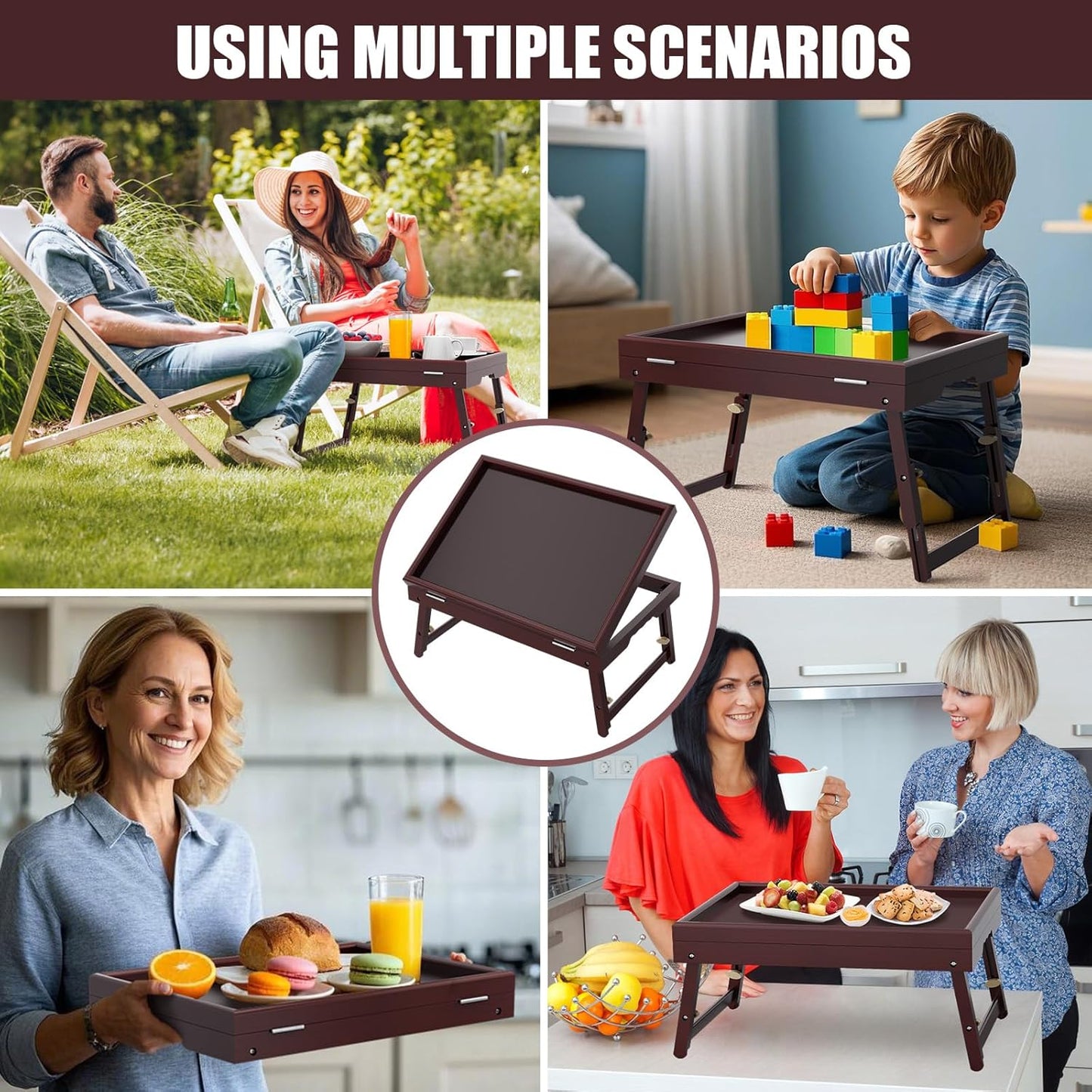 Bamboo Adjustable & Foldable Bed Tray Table with Ergonomic Handle, 17x12in Breakfast Tray for Eating, Laptop Desk, Sofa Snacking, Non-Slip Surface (Mahogany)