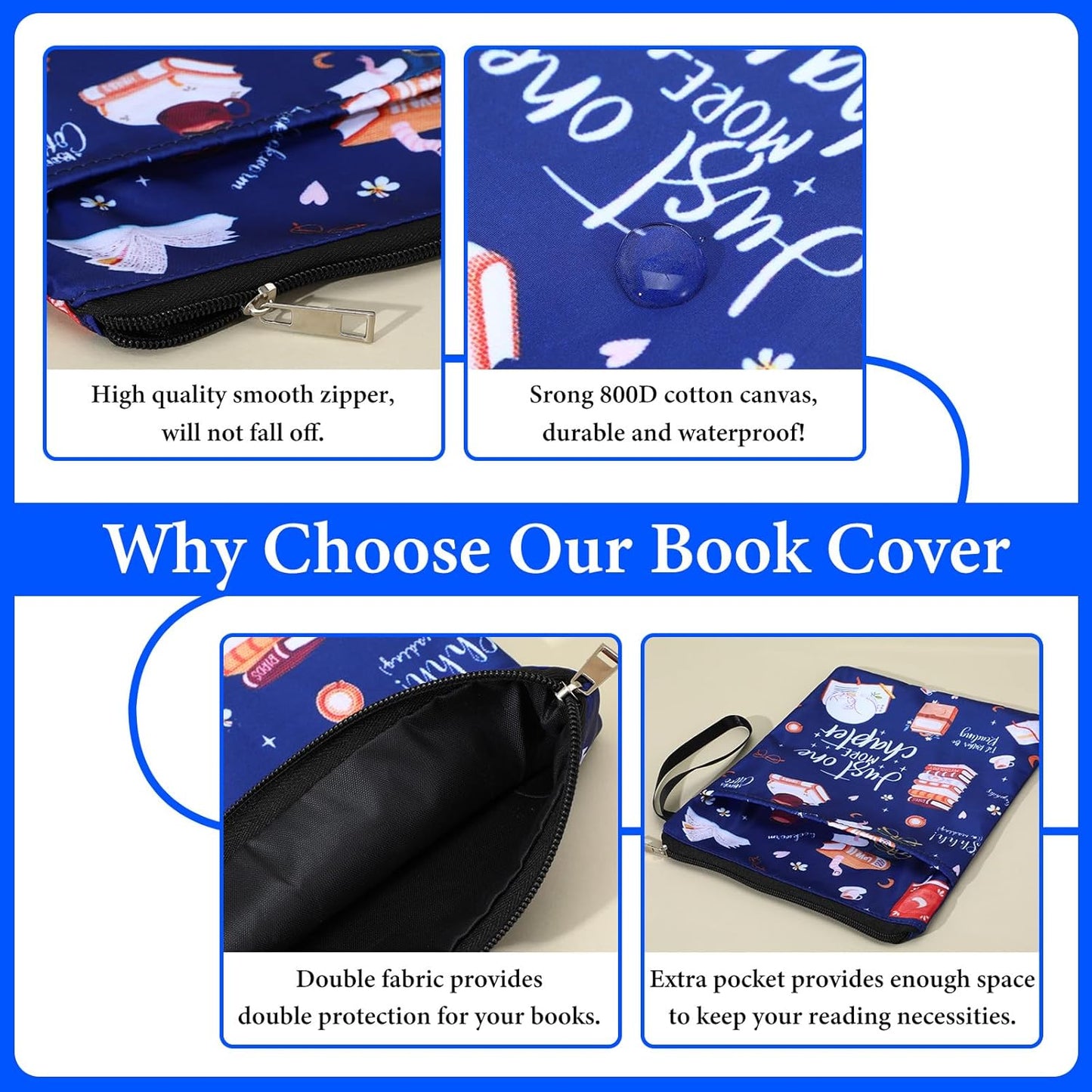 Waterproof Book Sleeve, Just One More Chapter Book Covers with Zipper and Front Pocket Washable Books Protector for Readers Lovers Gifts Books Accessories for Travel Vacation