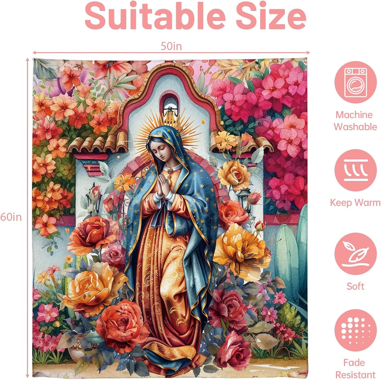 Virgin Mary Blanket Catholic Gifts, Our Lady of Guadalupe Blanket for Women, Religious Christian Bible Verse Prayer San Marcos Mexican Throw Blanket Manta De La Virgen De, 50"X60"