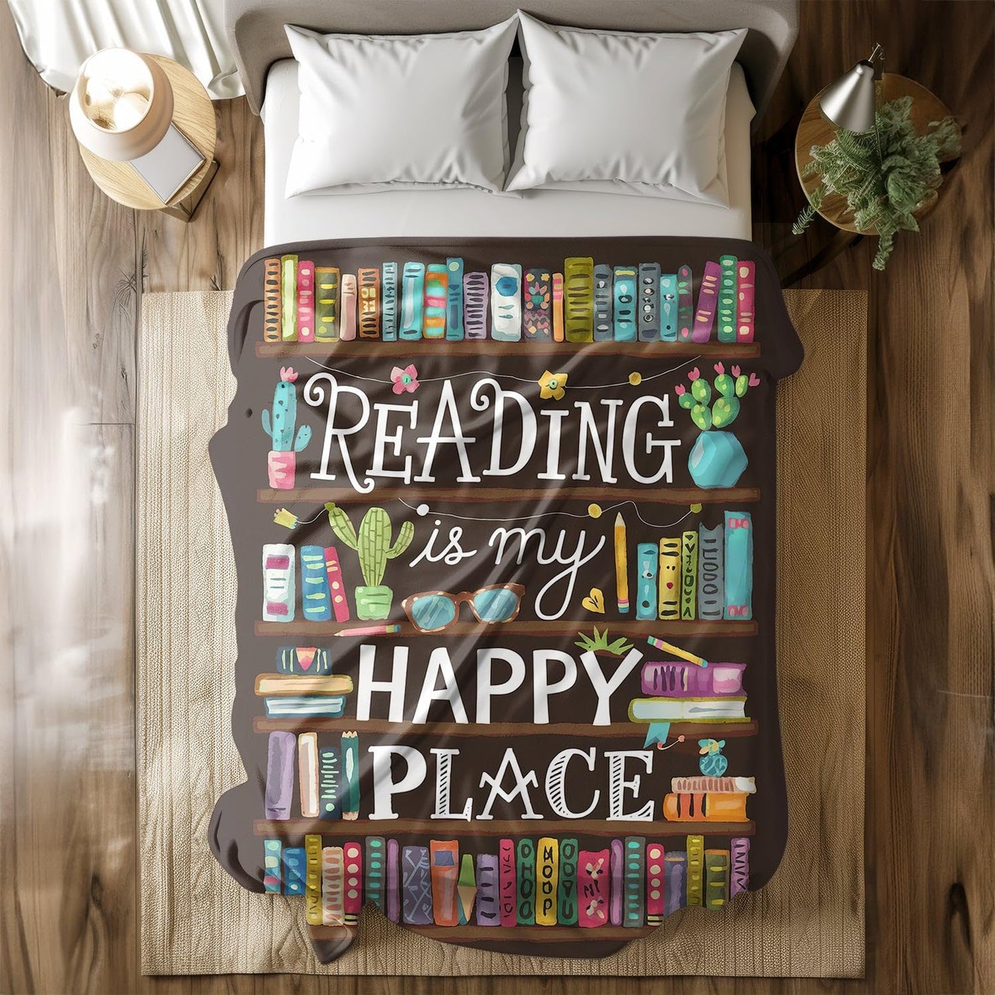 Reading is My Happy Place Blanket - Cozy Bookshelf Throw for Book Lovers - Vibrant and Artistic Library Design - Perfect Snuggle Companion for Quiet Reading Days - Great Gift for Avid Readers