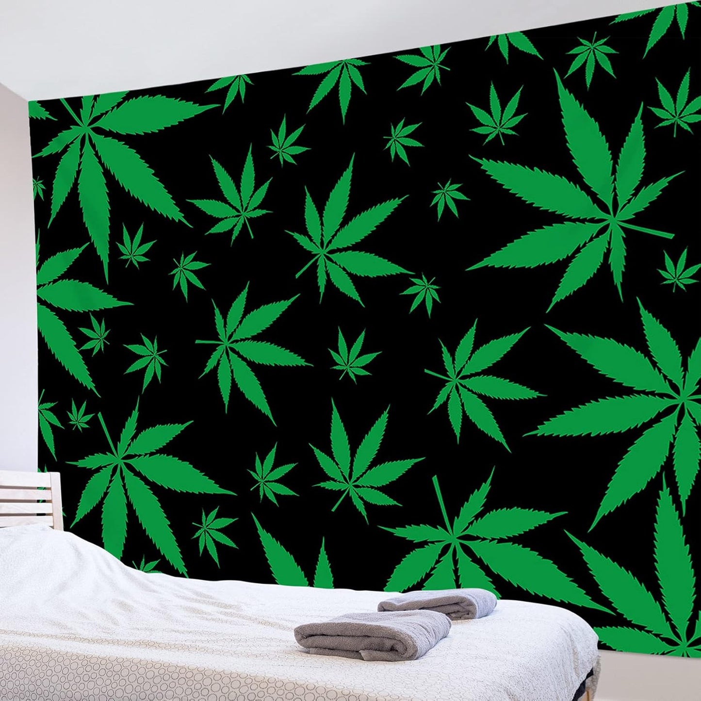 LB Marijuana Weed Leaf Tapestry Wall Hanging Cannabis Leaves Wall Tapestry for Bedroom Aesthetic Green Leaves on Black Wall Art for Living Room College Dorm Decor,60Wx40H inch