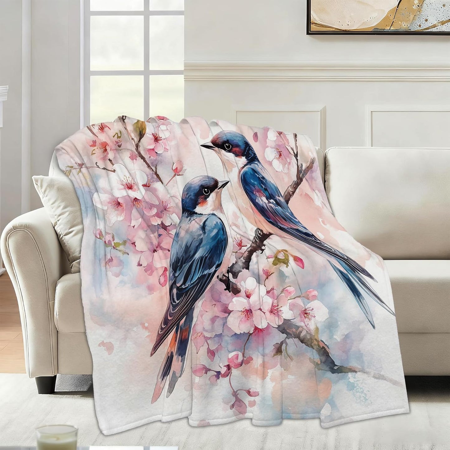 Cute Birds Fall Throw Blanket,Spring Flowers Cozy Plush Fluffy Blanket for Living Room Decor,Lightweight Fleece Throws for Couch,Bed,Traveling,Naps,Reading,50 X 60 Inch