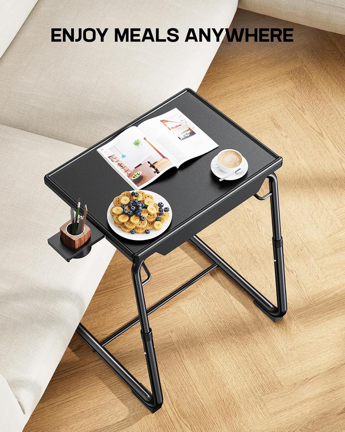 LORYERGO TV Tray - TV Table for Eating, Folding Table Trays with 6 Height & 3 Tilt Angle, TV Tray Table with Removable Cup Holder, Dinner Tray for Eating or Working on Couch, Bed & Office