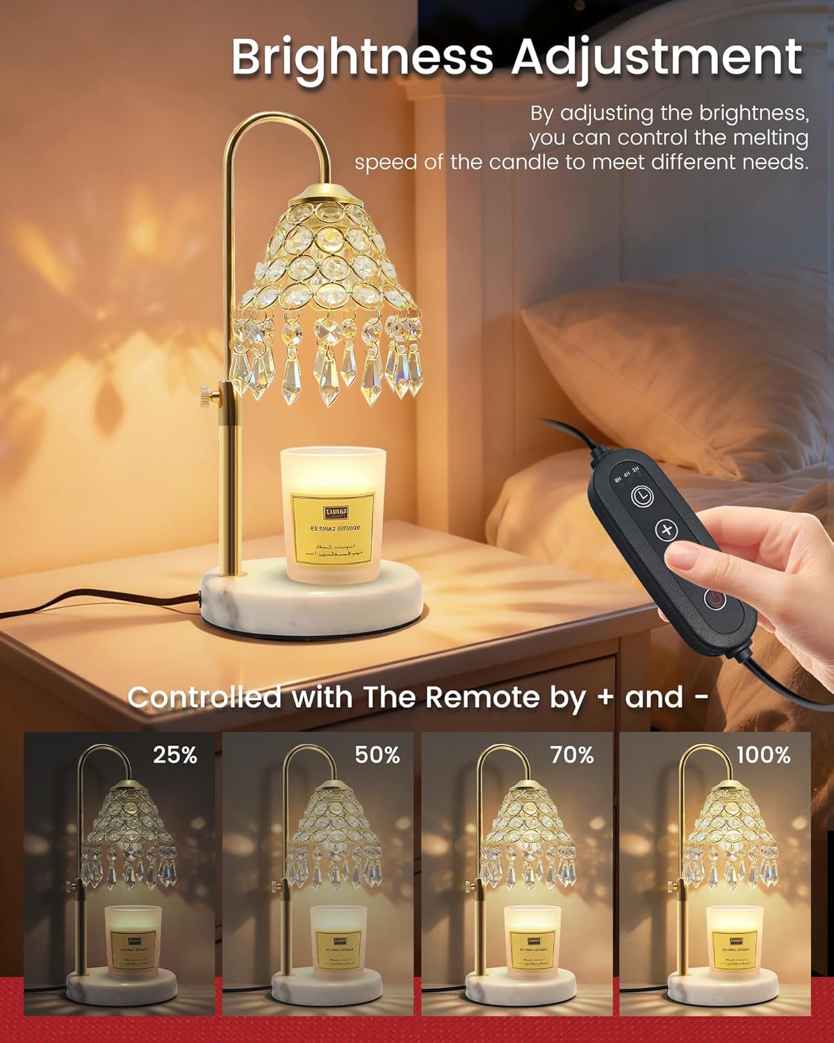 KISUFU Smart Crystal Candle Warmer Lamp with Timer - 2-in-1 Table Lamp & Adjustable Height, 50W Halogen Bulb + 5W Night Light, Luxury Valentine Gift for Women, Christmas, Fall Home Decor (Gold)