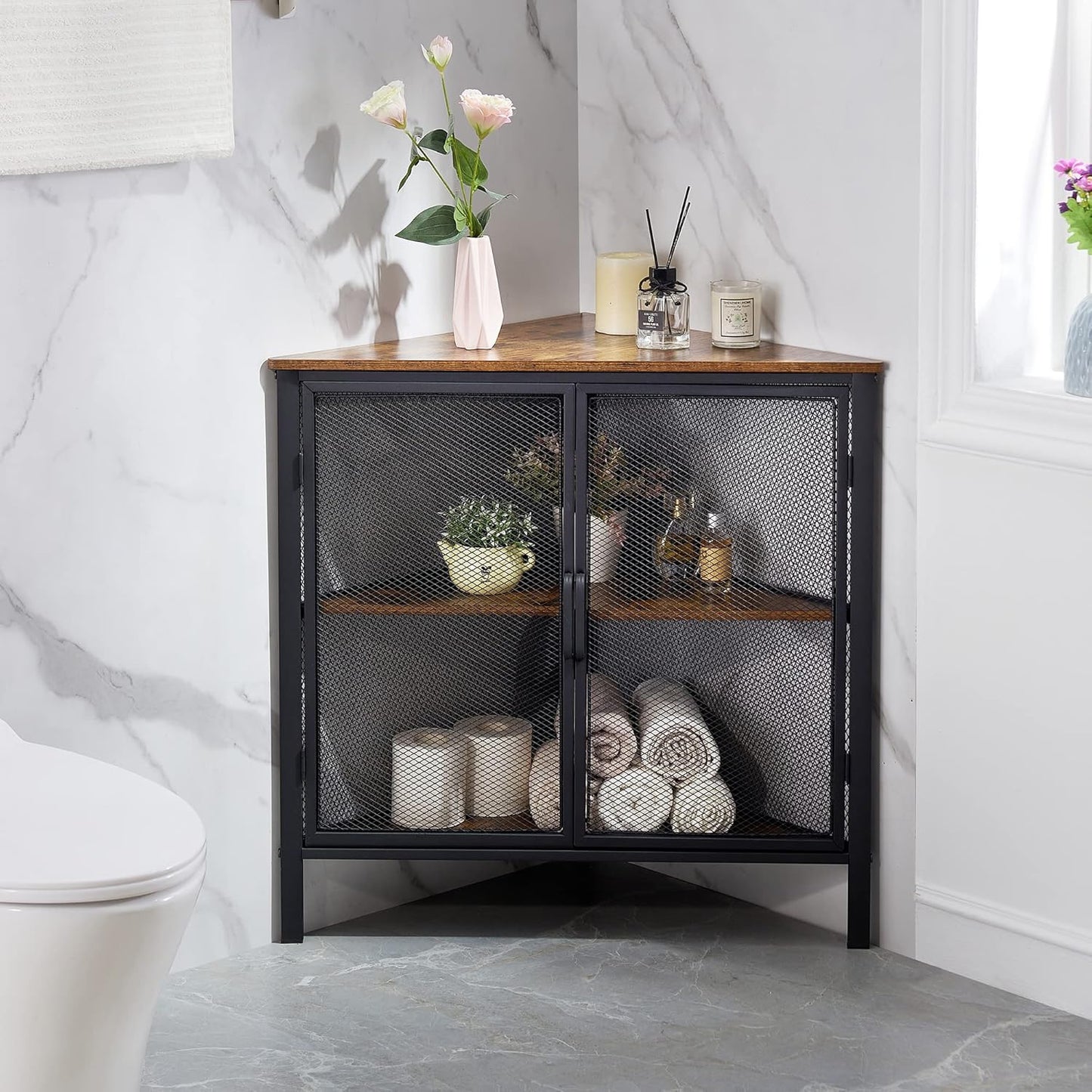 VECELO Corner Cabinet with Two Doors and Shelves, Free-Standing Storage Organizer for Small Space in Living Room/Bedroom/Kitchen, Brown and Black