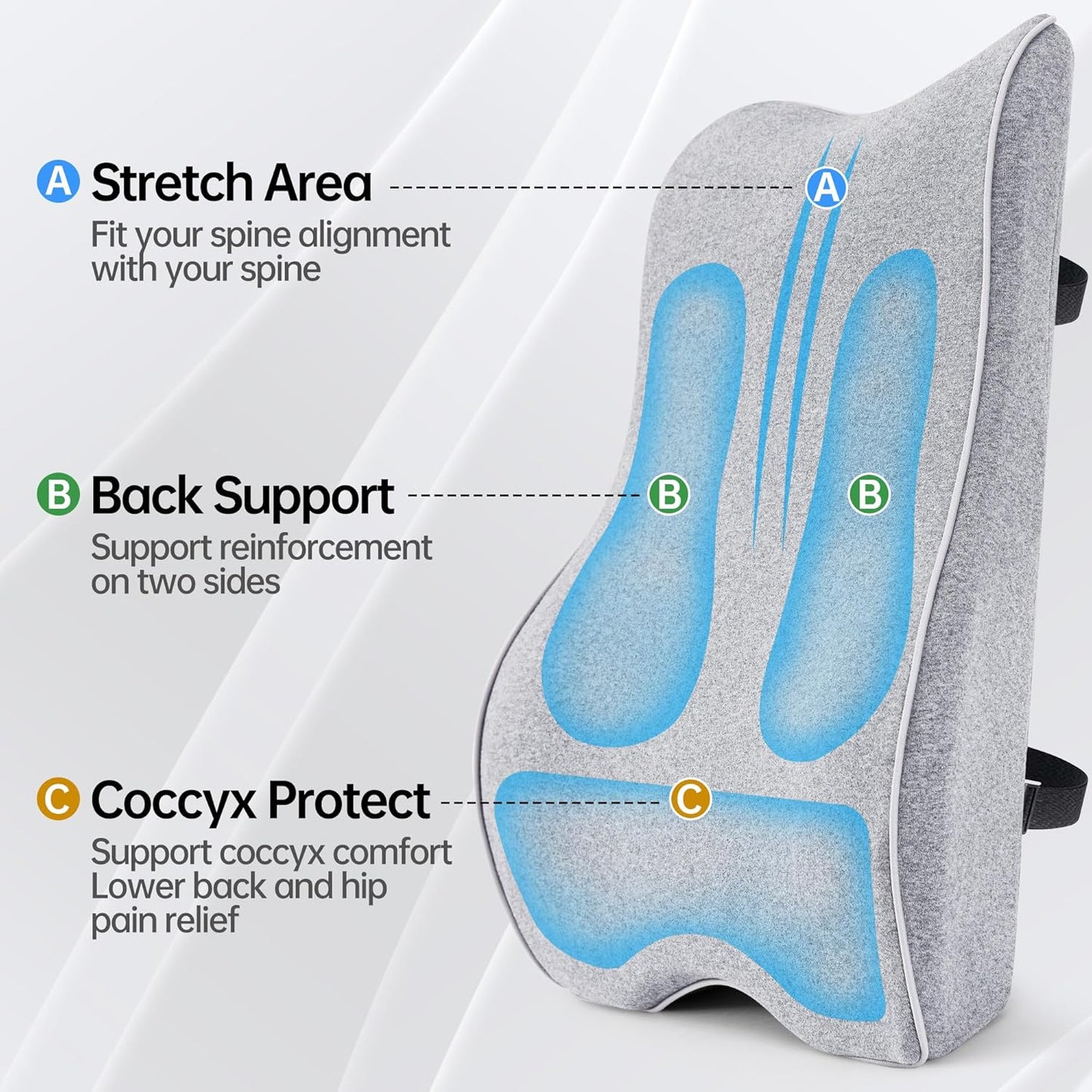 Lumbar Support Pillow for Office Chair, Back Support Pillow with Memory Foam, Relieves Back Pain, Removable Washable Cover & Adjustable Strap, for Car/Gaming Chair,Gift-Light Grey