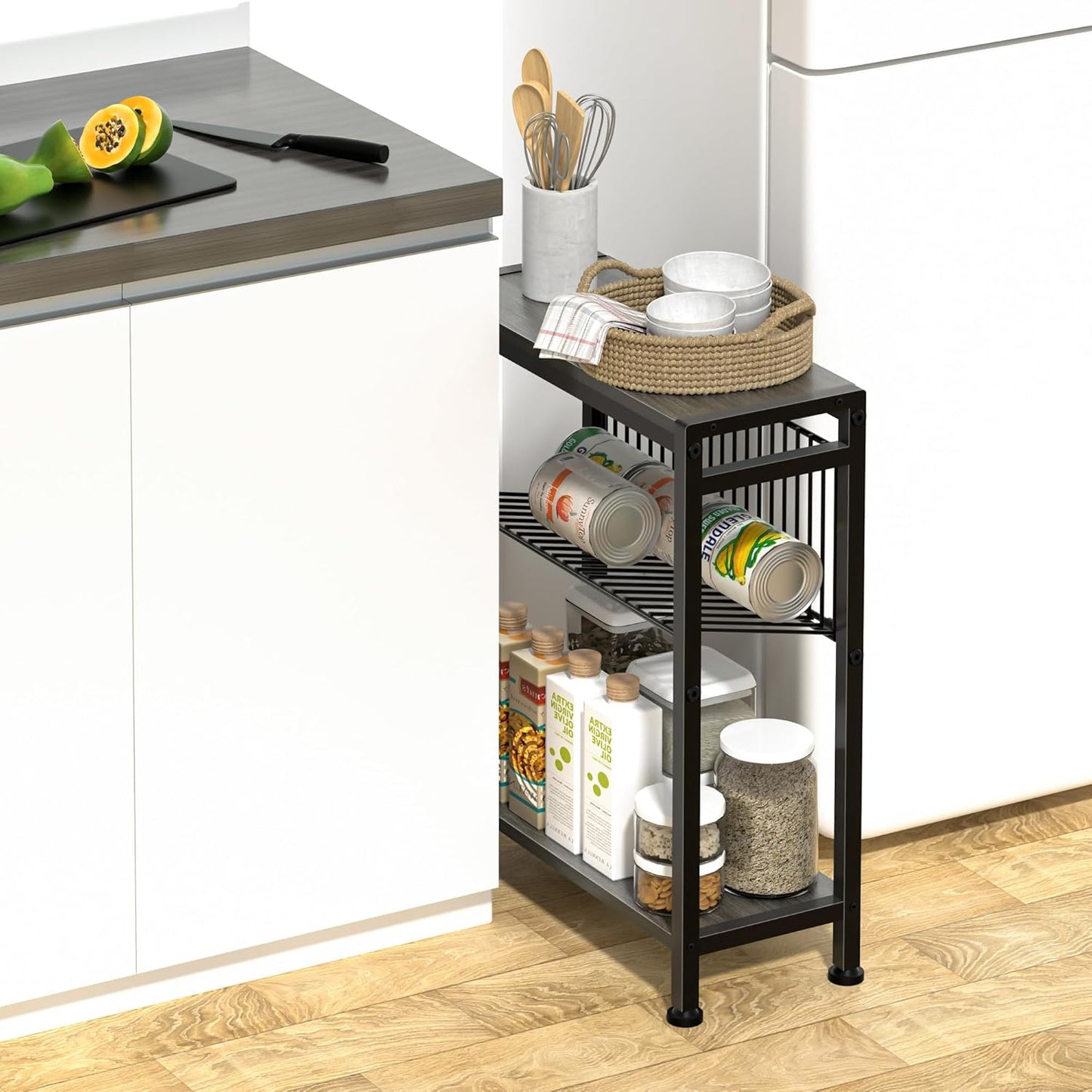Side Table for Small Spaces, Narrow End Table with Magazine Holder, 2 in 1 Design Slim Side Table, Skinny Nightstand for Living Room Bedroom, Thin Side Magazine Table, Grey