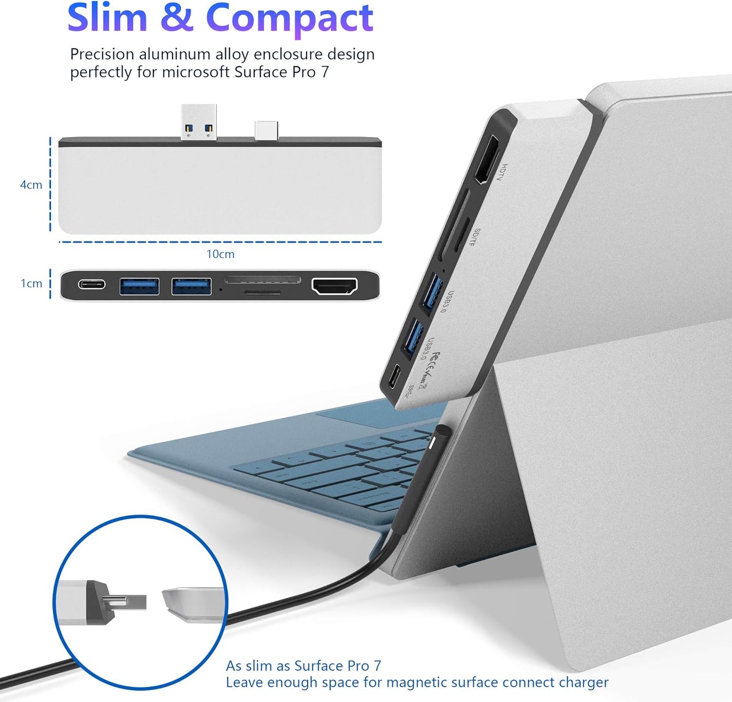 Surface Pro 7 USB C Hub, 6-in-2 Aluminum Surface Pro 2019 Dock with 4K HDMI Adapter+ USB C Audio & Data Transfer Port +2 USB 3.0+SD/TF Card Reader, Converter Combo Adaptor for Surface Pro 7
