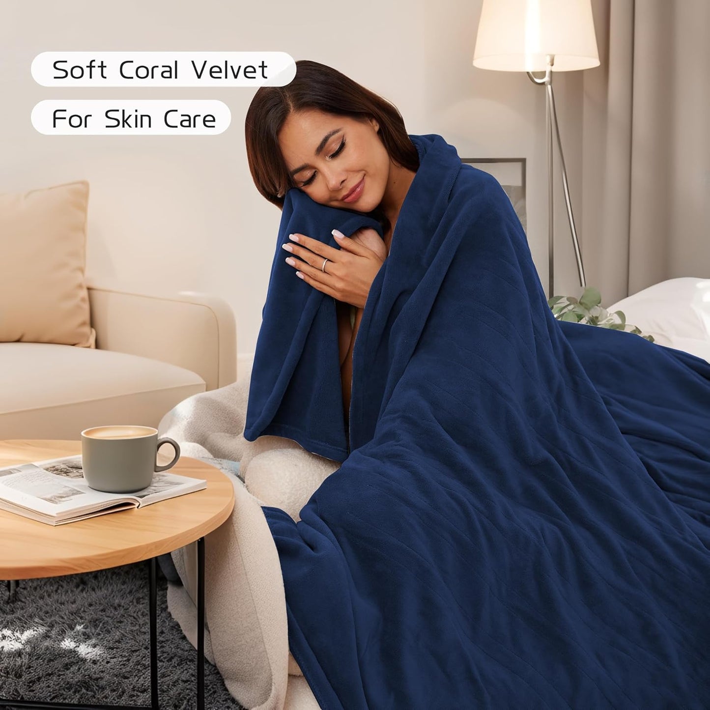 Electric Heated Blanket 90"x100" King Size, Soft Coral Fleece, Dual Controllers with 4 Heating Levels and 10 Hours Auto-Off, Machine Washable, Cozy Plush Fabric for Home, Dark Blue