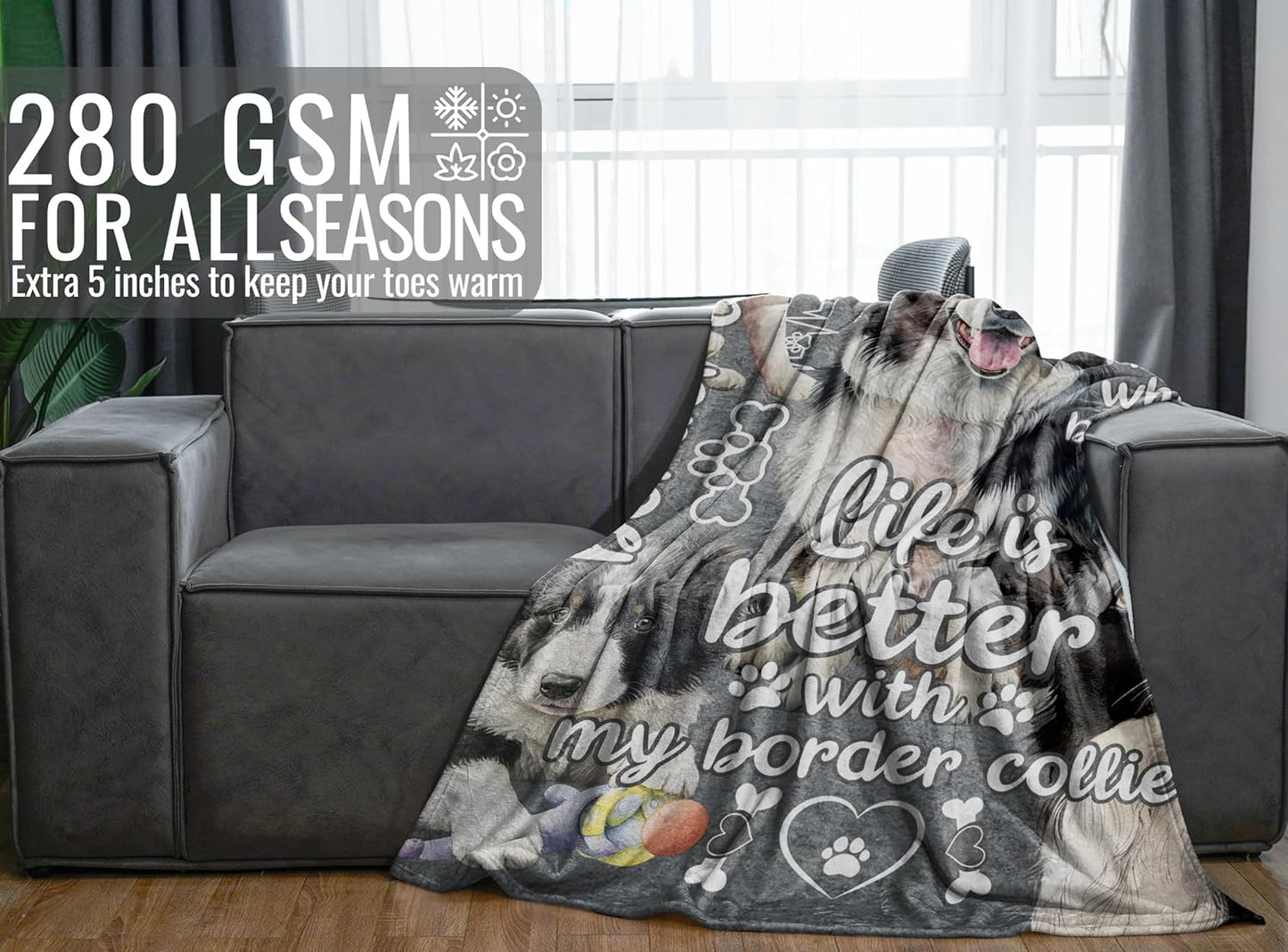 Border Collie Blanket Gifts for Border Collie Lover & Owner, Gifts for Women & Men, Dog Mom & Dad, Soft Flannel Blanket, 65 x 50 inches
