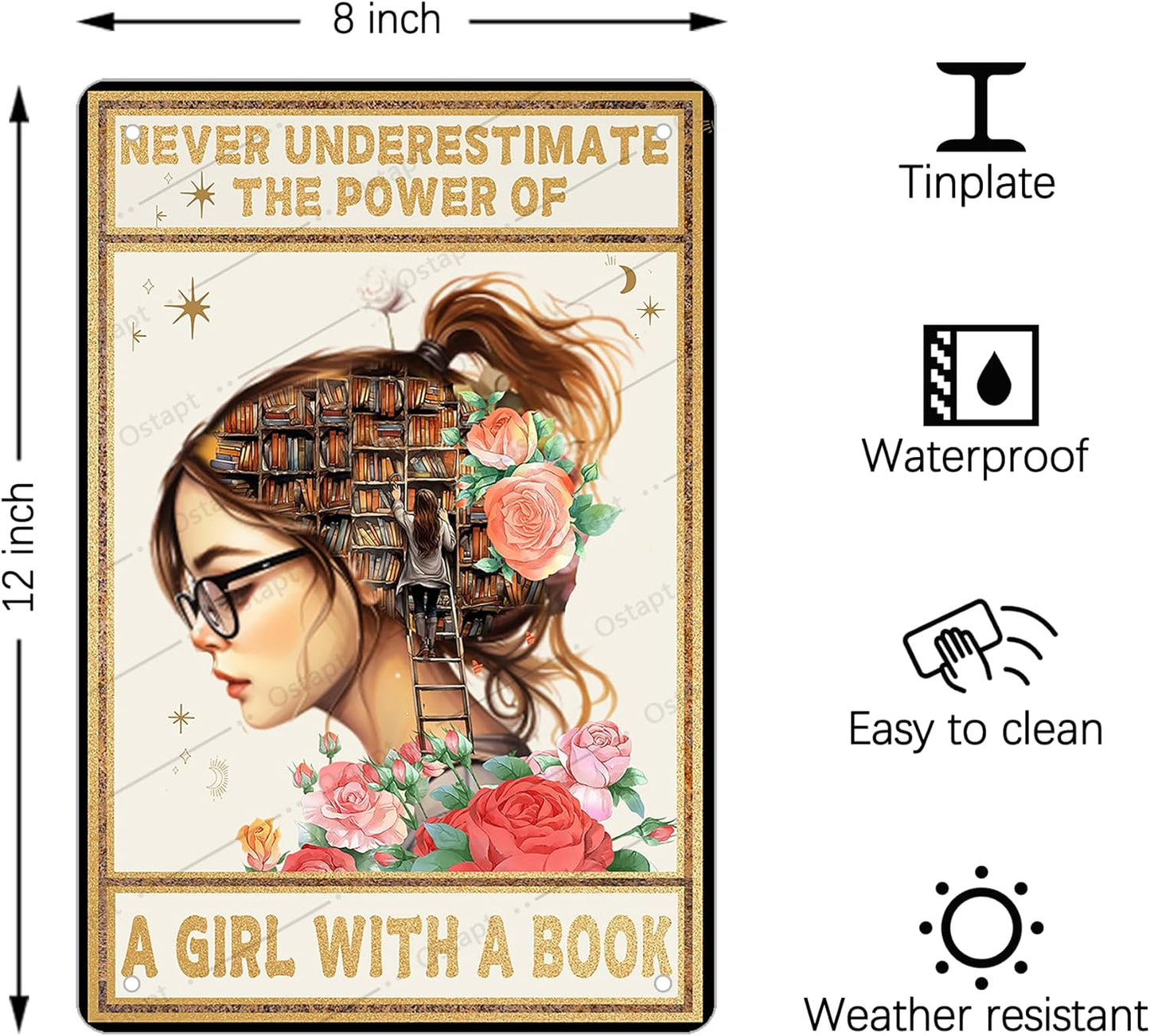Ostapt Inspirational Posters Metal Tin Sign Never Underestimate the Power of a Girl with a Book Bedroom Girls Room Wall Decor Motivational Quote Wall Art Book Lovers Gift 8x12 inch