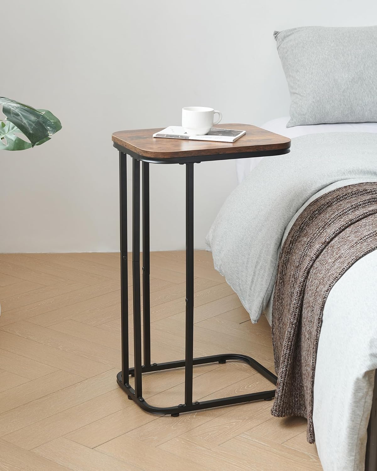 C Shaped End Table Set of 2, 26.6 inches High Small Side Table for Couch Sofa Bed, Tall Tv Tray Table, for Living Room, Bedroom, Metal Frame, Industrial Style, Rustic Brown & Black