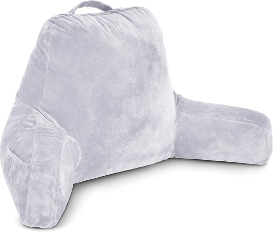 Husband Pillow Light Grey, Original Reading Pillow in Bed Rest Chair, Shredded Memory Foam Large Lounge Cushion Adult Backrest with Arms, Comfy Back Support for Sit Sitting Up, Wash/Removable Cover