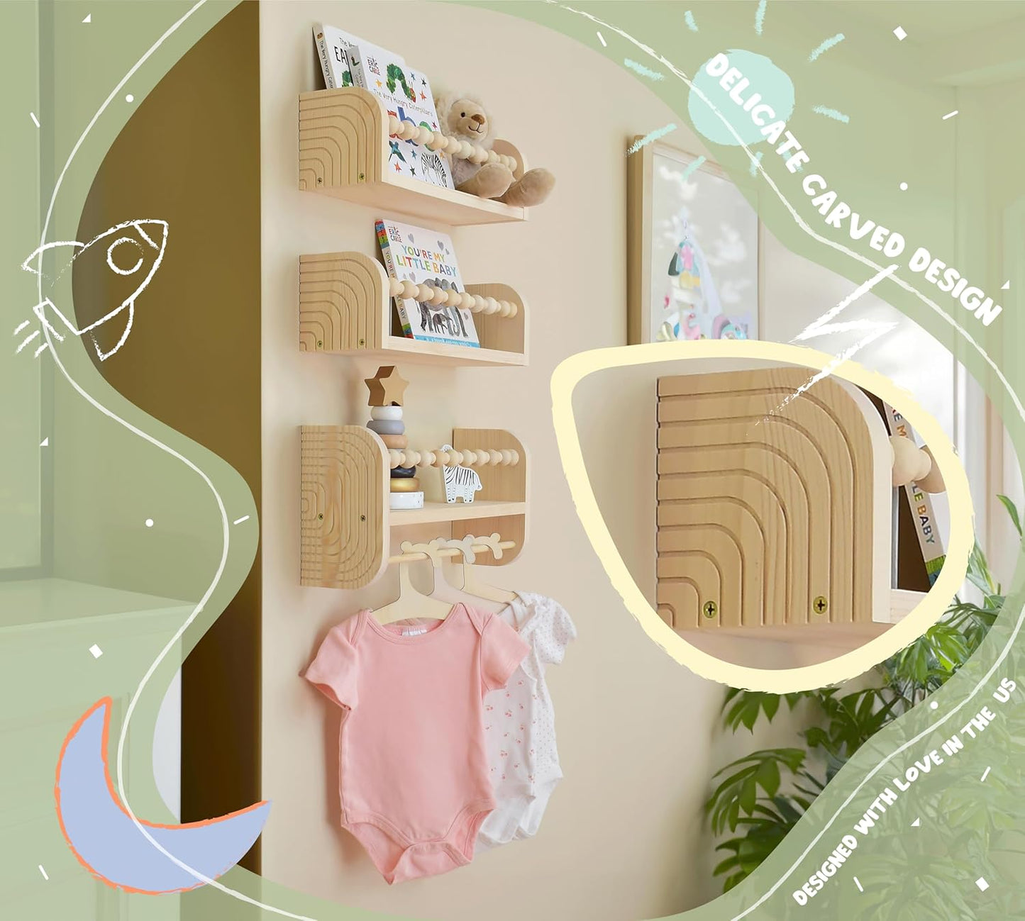 CNK Nursery Floating Book Shelves for Wall Mounted Set of 3 Book Shelf for Kids Room, Toddler Room, Baby Rooms Natural Pine Wood Bookshelf Toy Storage with Rack Playroom Decor