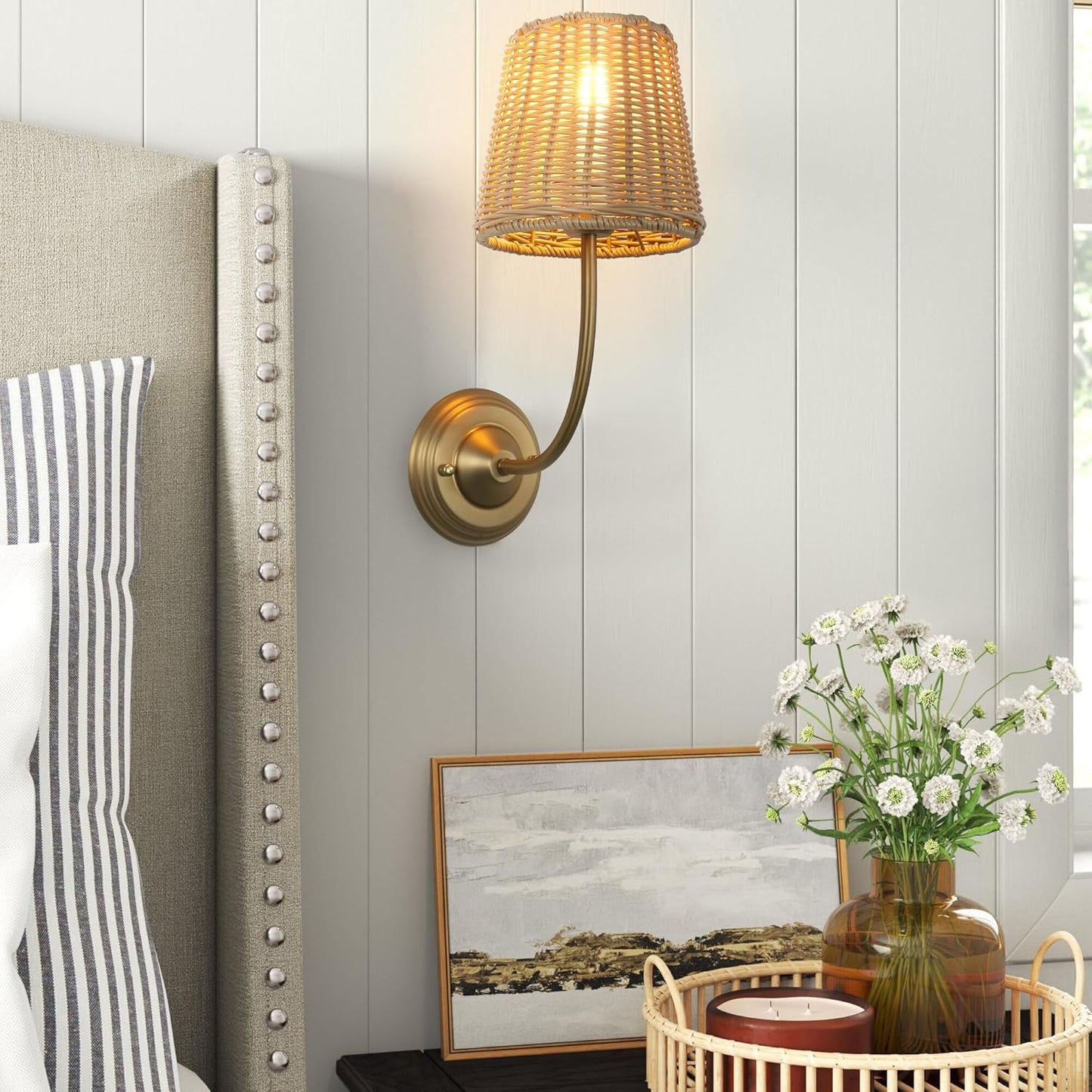 Yosoan Rattan Boho Wrapped Wall Sconce Light, Indoor Hardwired Gold Hand-Woven Farmhouse Vintage Wall Lamp, Brass Handmade Shade Wall Mount Fixture for Reading Bedside Bedroom Nursery Rustic(Antique)