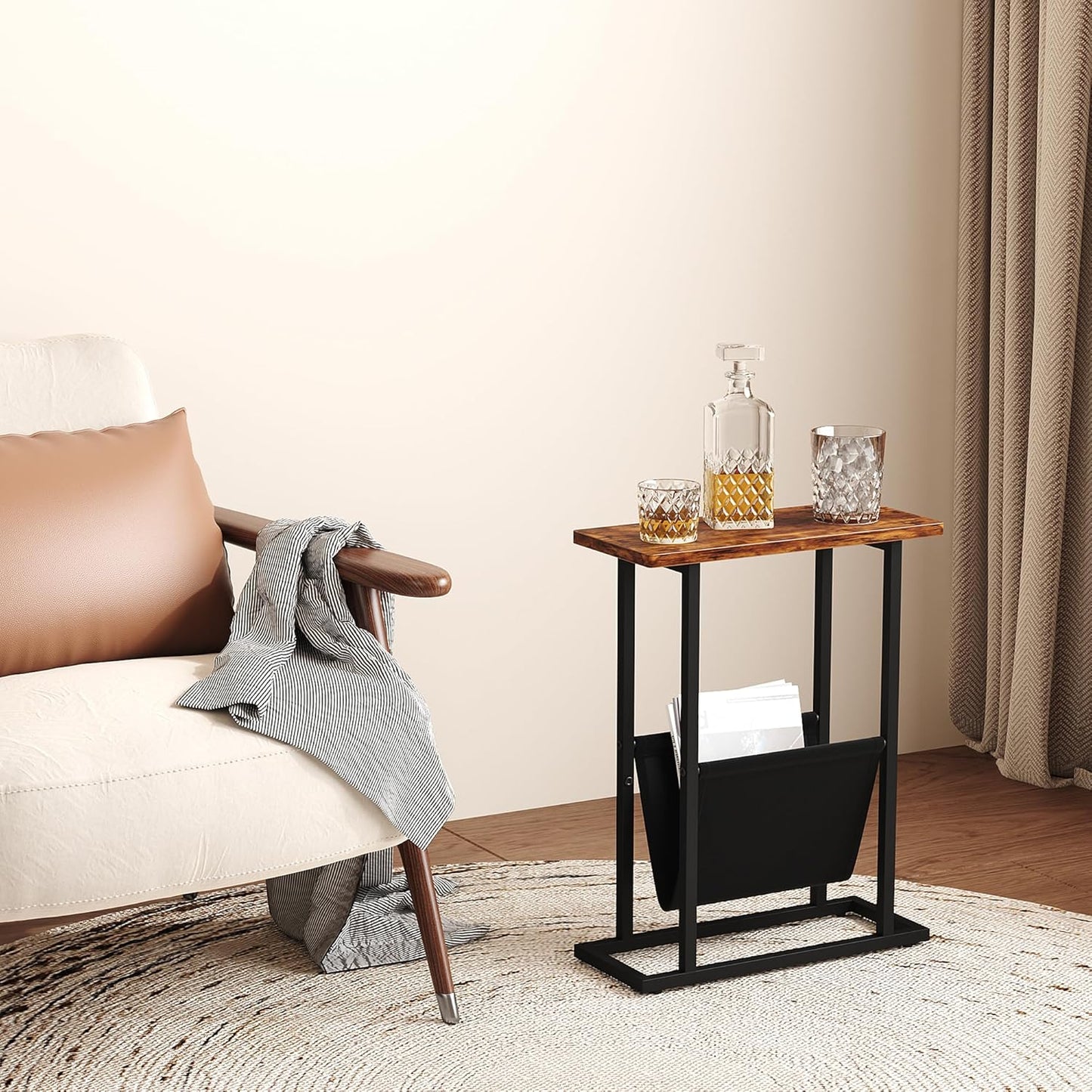Yusong Narrow Side Table for Small Spaces, Small End Table with Magazine Holder, Skinny Slim Little Thin Table for Living Room, Bedroom, Sofa, Rustic Brown
