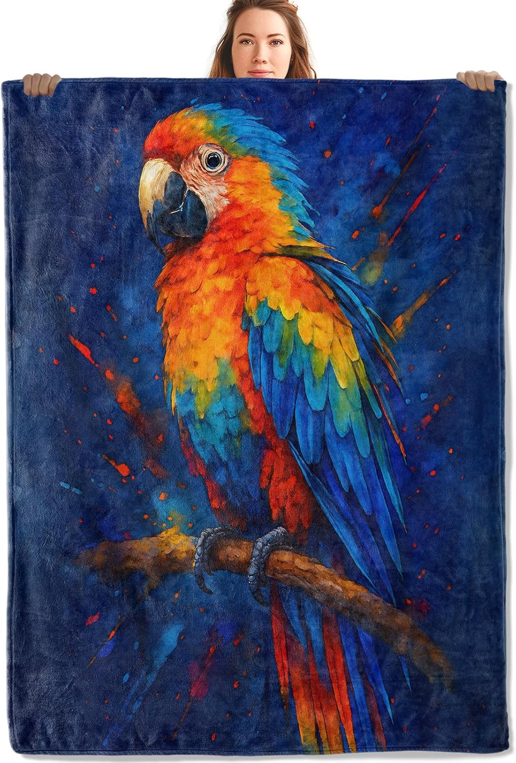 Colorful Parrot Gifts, Macaw Bird Watercolor Blanket for Girls Kids Women, Cozy Warm Flannel Throw Blankets for Bedroom, Travel, Couch, Home Decor, 50x60 in