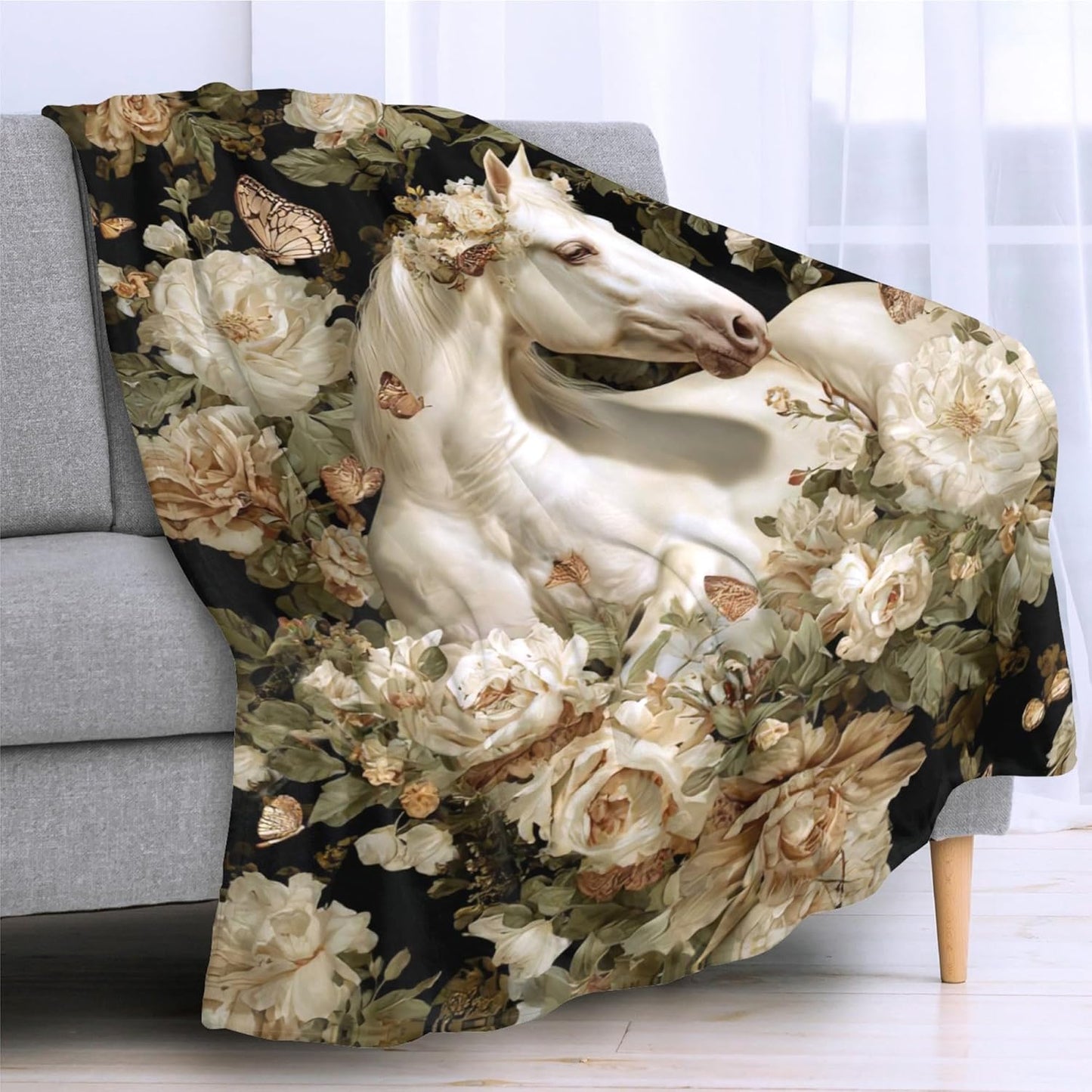 Horse Throw Blnaket Gifts for Women Girls Kids Adults, Super Soft Funny Vintage White Horses Blanket Gifts for Horse Lovers, Warm Cozy Plush Fleece Flannel Throw Blankets 50"X40" for Couch Bedding