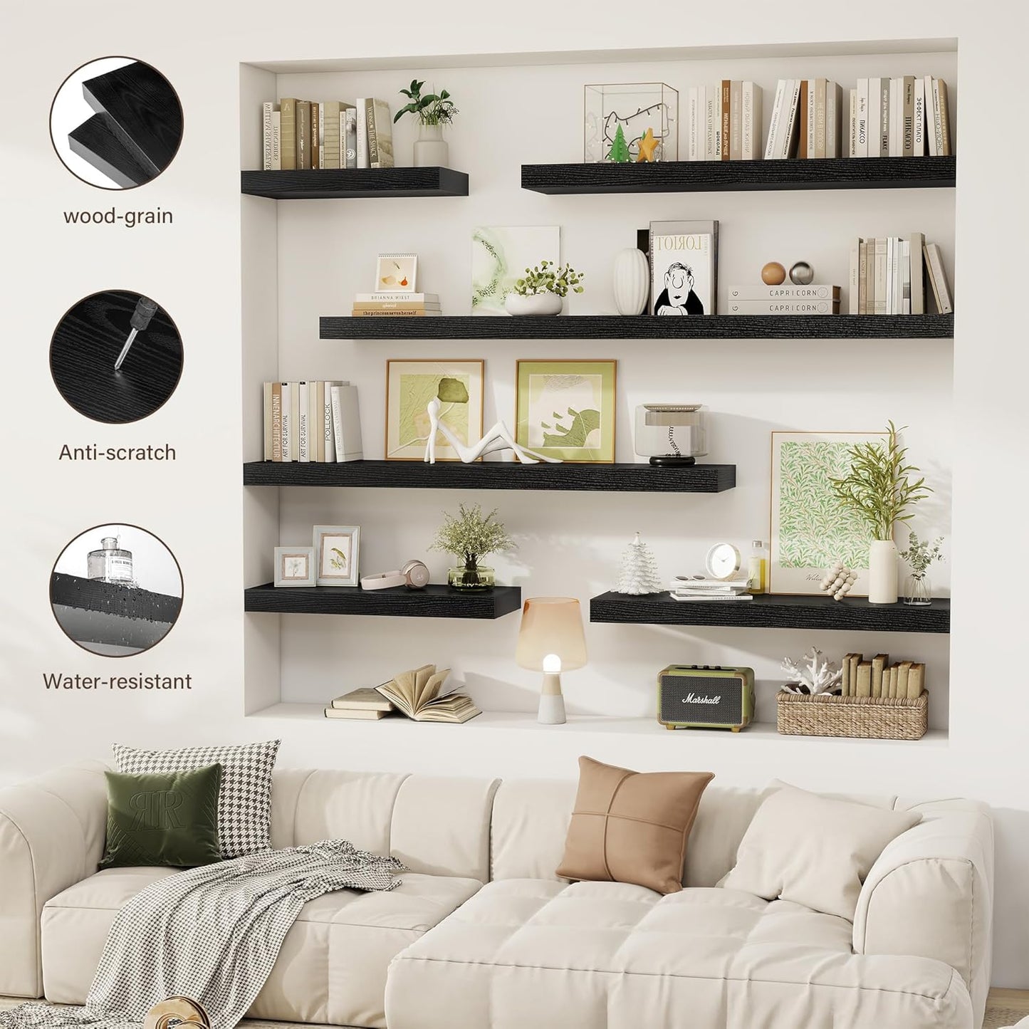 36 Inch Floating Shelves, 12" Deep Floating Shelf Wall Mounted, 36" Wall Shelves, Rustic Deep Bookshelf, Extra Deeper & Thicker Display Shelves for Bedroom, Living Room, Black, Set of 2