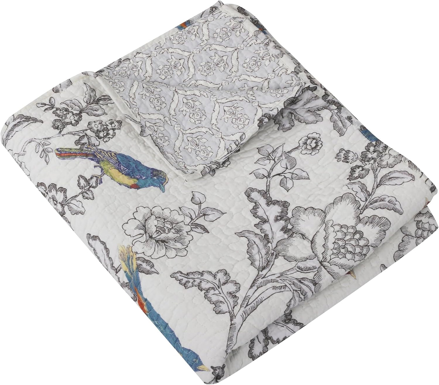 Levtex Home - Mockingbird - Quilted Throw - 50x60in. - Grey Toile with Birds and Butterflies - Reversible Pattern - Cotton