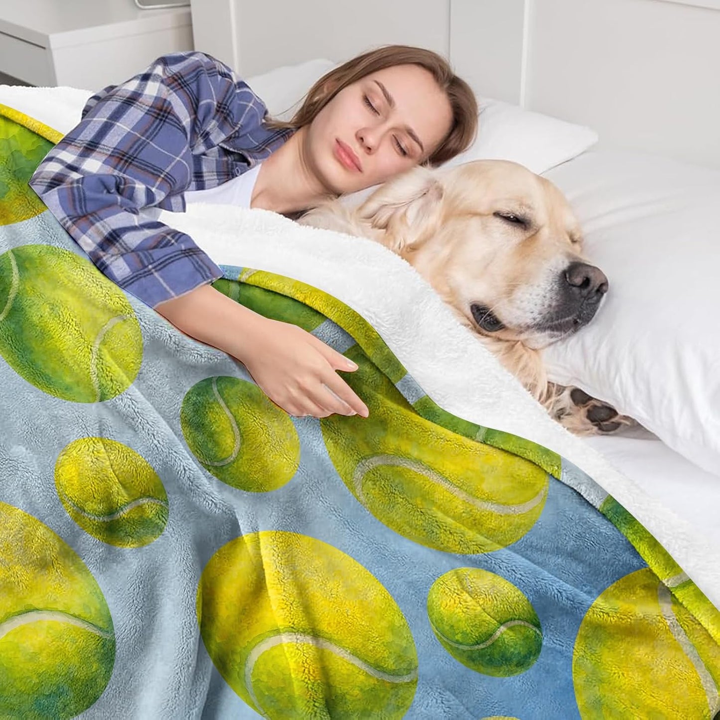 Tennis Ball Blanket Throw 50x60 Soft Flannel Fleece - Watercolor Blue Pattern Cozy Sofa Bed Dorm Decor - Gift for Player Coach, Senior Night Team Present for Women Men Girls