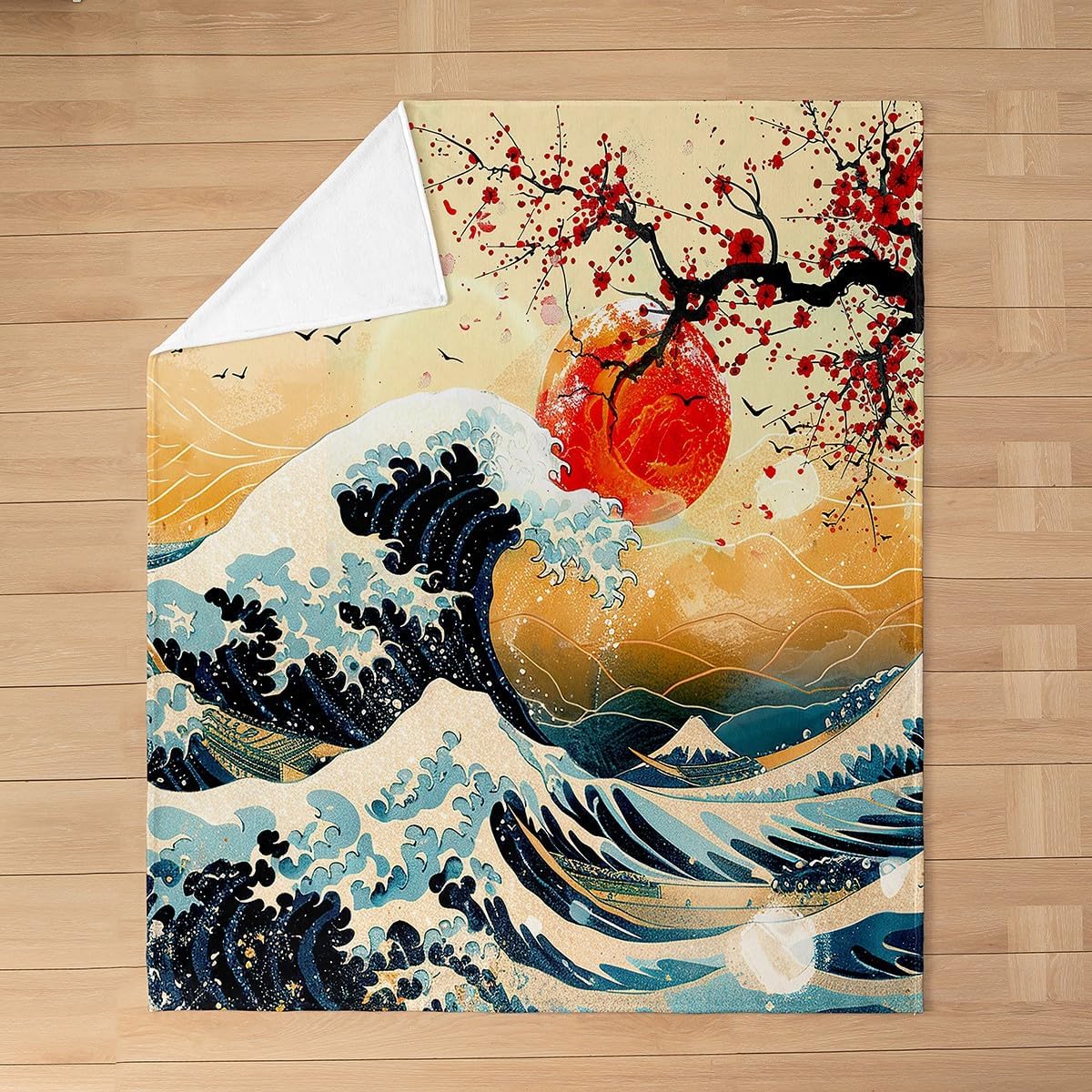 Feelyou Japanese Wave Flannel Fleece Throw Blanket Queen 90"x90" Cherry Blossoms Plush Blanket for Boys Girls Japanese Ukiyoe Home Decor Fuzzy Blanket Red Sun Japanese Style All Season Bed Blanket
