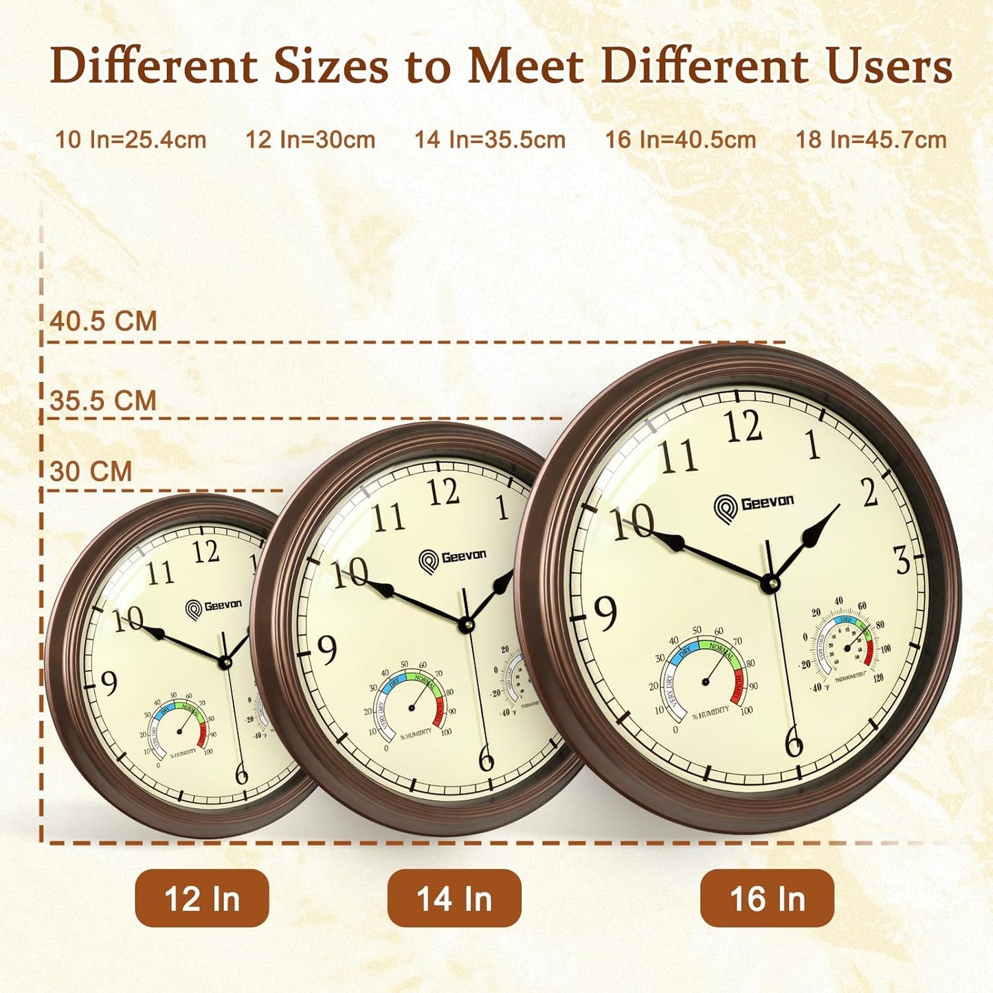 Geevon 16" Vintage Wall Clock Non Ticking with Hygrometer and Thermometer Combo,Battery Operated Quartz Decorative Wall Clocks for Home,Living Room,Office,Classroom,Kitchen,Bedroom Decor