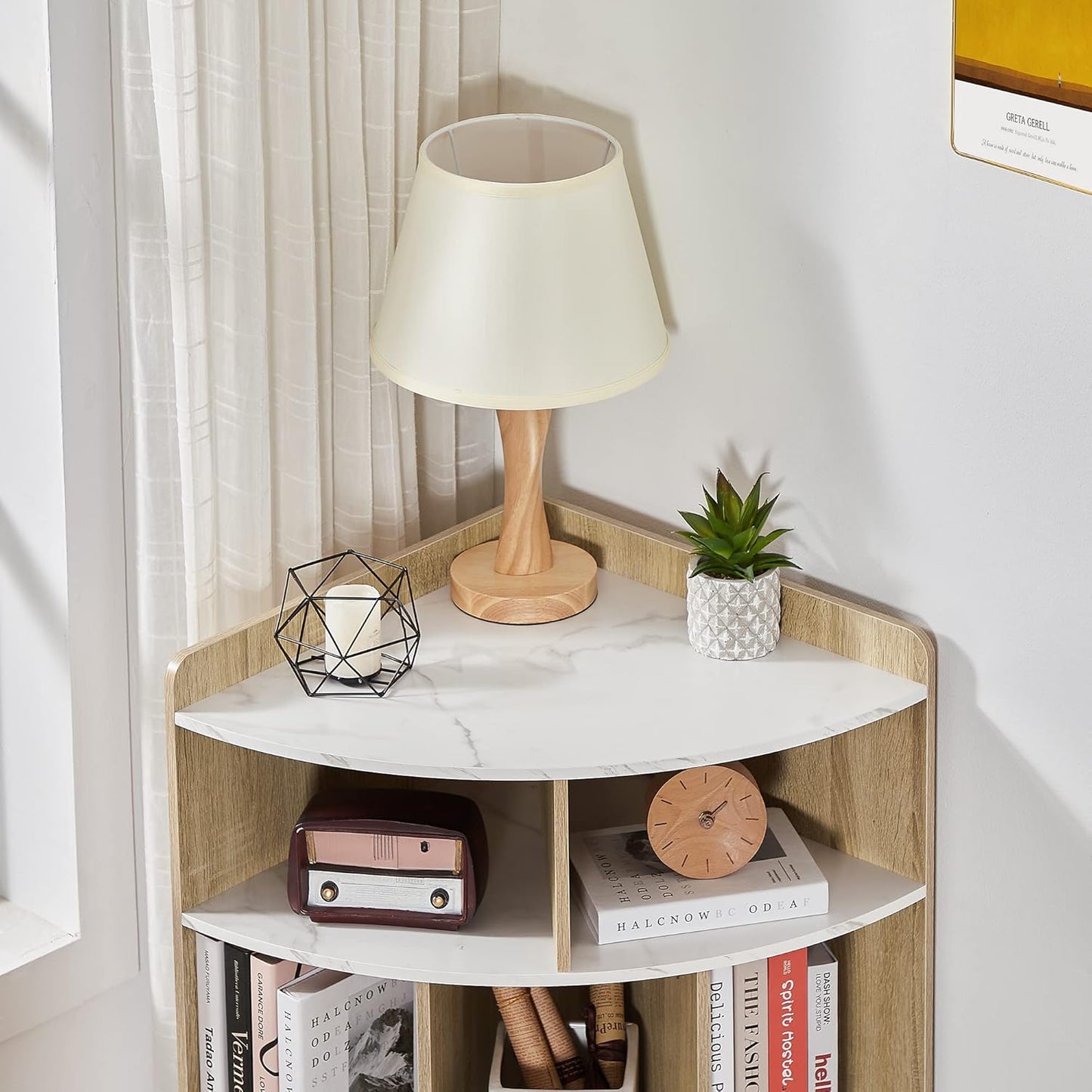 VECELO 3-Tier Corner Cabinet with 8 Cubbies, Wooden Cube Storage Organizer, Modern Bookshelf Units for Playroom, Bedroom, Living Room, Marble White