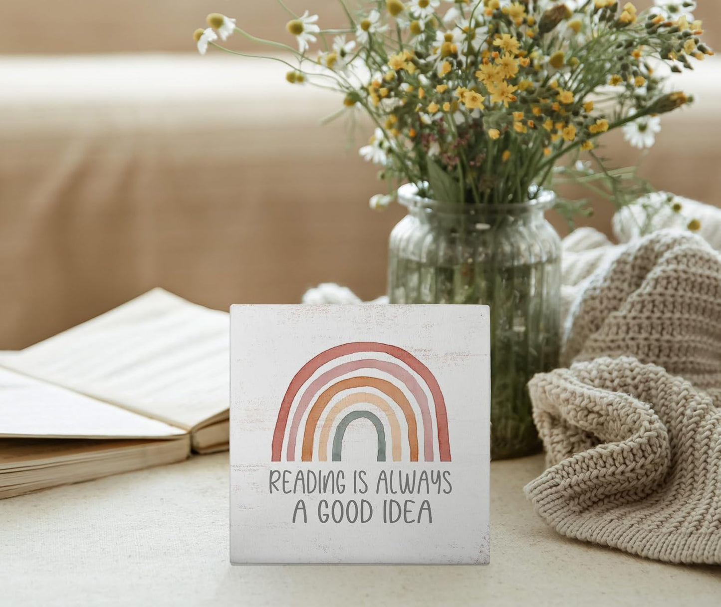 Mtrgdn Reading Conner Decor for Classroom,Boho Rainbow Classroom Reading Nook Desk Decor,Reading is Always a Good Idea Wood Box Sign for Homeschool Library Bookshelf Nursery Kids Reading Room,5x5 Inch