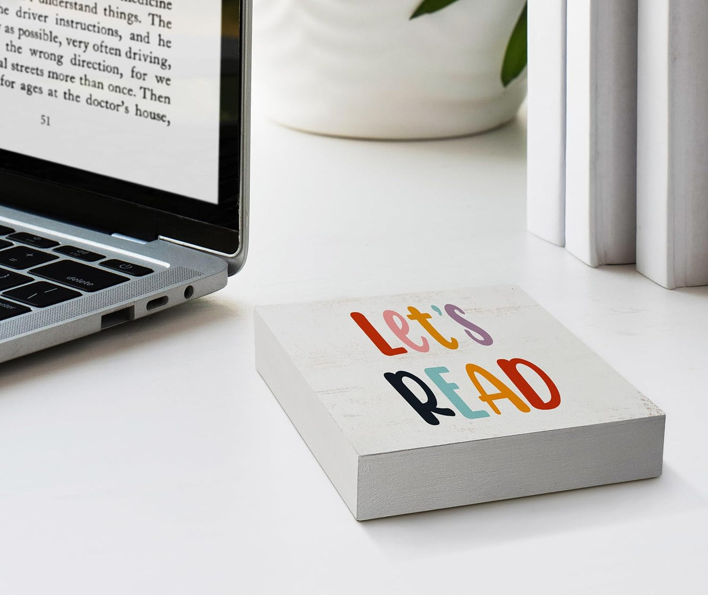 Nursery Let's Read Wood Box Sign Desk Decor,Boho Reading Wooden Block Sign Decorations for Home Classroom Reading Nook Reading Room Wall Tabletop Shelf Decor
