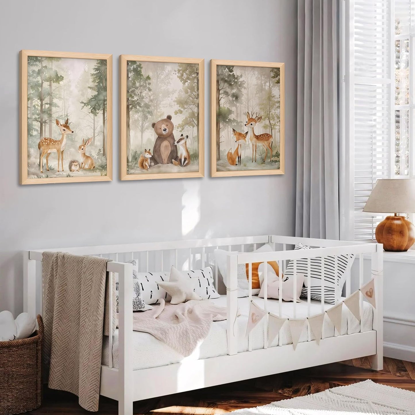 Framed Woodland Wall Art Set of 3, Wild Animals Nursery Wall Decor, Cute Bear Fox Deer Watercolor Canvas, Forest Animal Pictures Print for Baby Room Decor Home Decoration – 12X16 inch