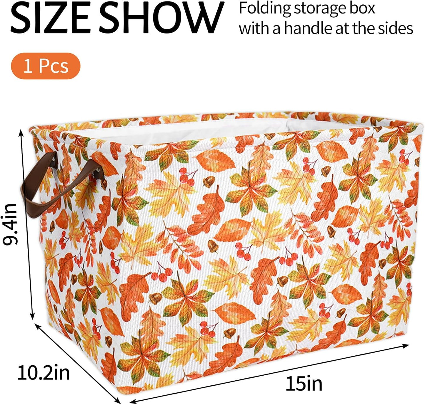 JarThenaAMCS 2Pcs Fall Storage Basket with Handles Maple Leaf Cube Storage Bin Foldable Fabric Container Organizer Box for Autumn Thanksgiving Home Office Dorm Closet Shelf Toy