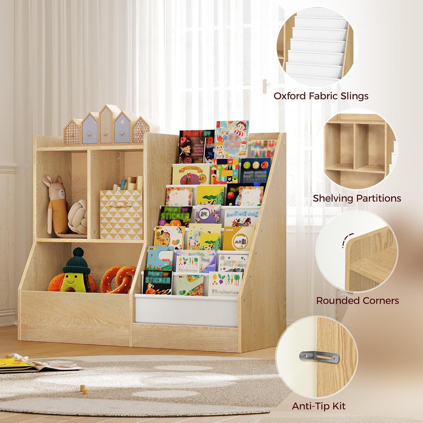 39.4" Kids Bookshelf and Toy Storage, 7 Layer Kids Book Sling Shelf, Toddler Bookshelf, Kids Bookcase, Toy Organizer Cabinet, Large, for Playroom, Bedroom, Nursery, Natural BKNW7301