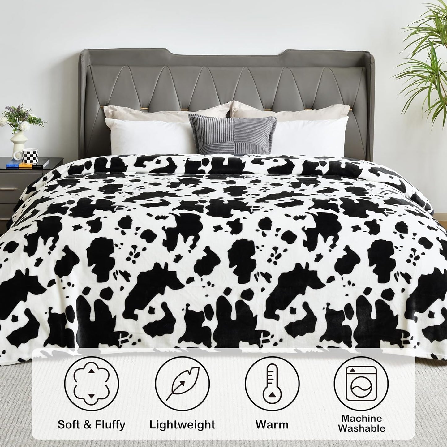Softan Fleece Blanket - Black White Cow Print Throw Blanket - Fuzzy Lightweight Super Soft Microfiber Flannel Blankets for Couch, Bed, Sofa - Ultra Luxurious Warm and Cozy for All Seasons (90"×90")