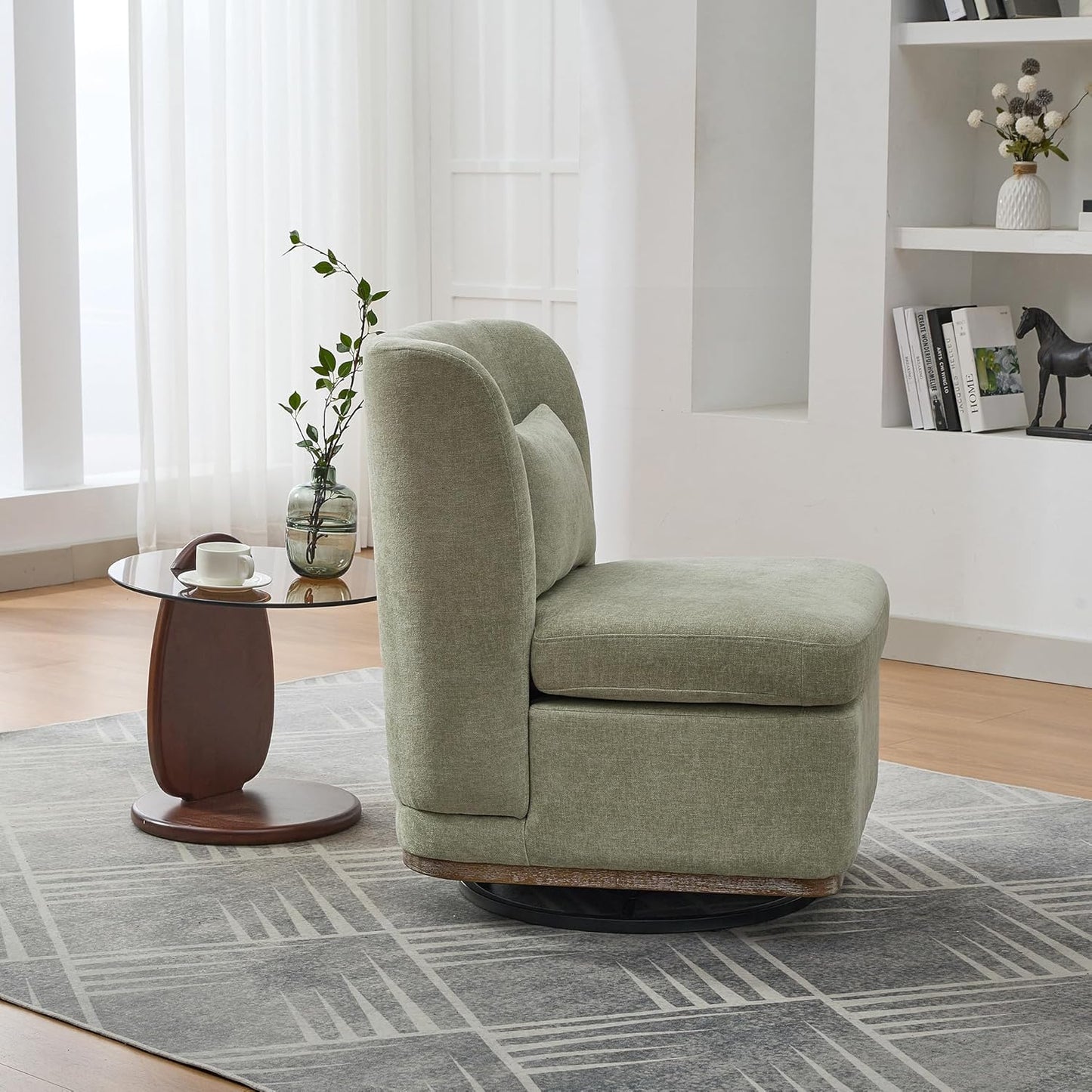 Modern Swivel Accent Chair 25.2 "Wide Chenille Upholstered Armless Sofa Chair with Pillow, 360° Swivel Reading Chair with Metal Base for Living Room Family Room Bedroom Lounge Area, Office, Pale Green