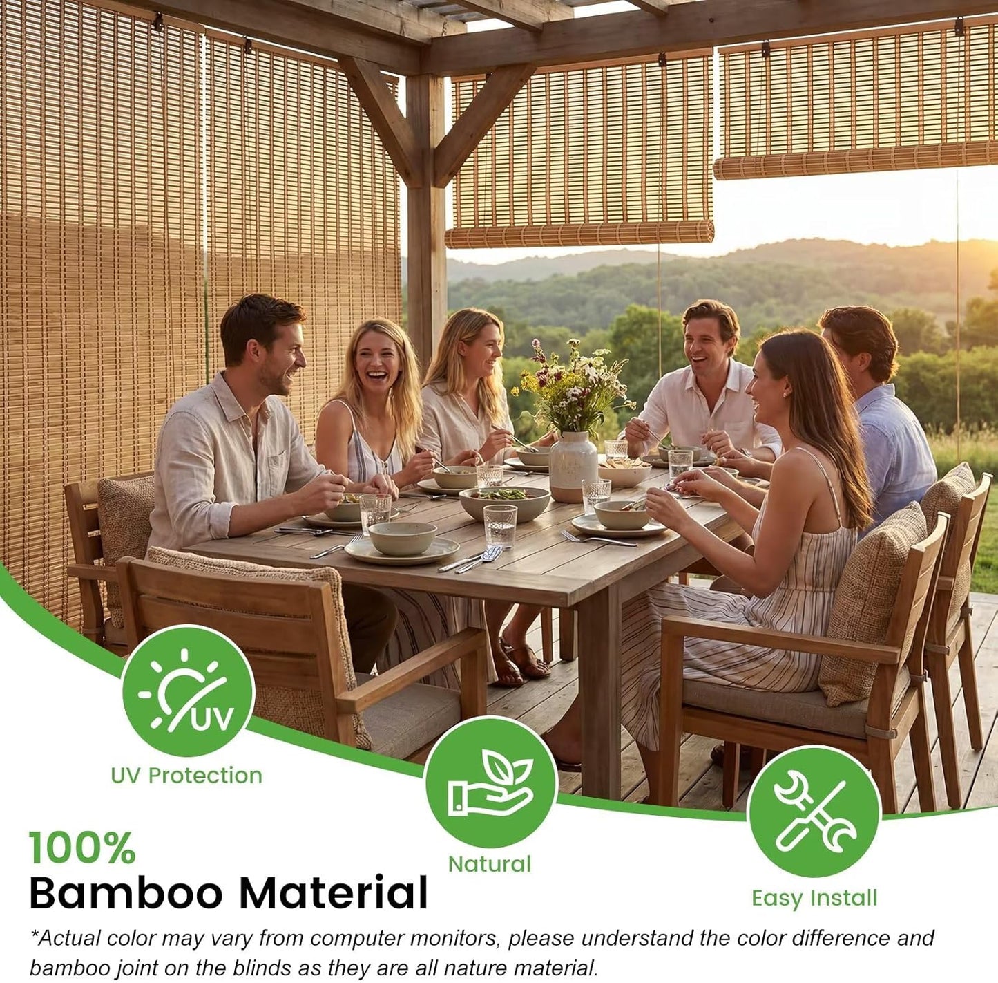 Bamboo Blinds Easy to Install Bamboo Shades for Indoor Windows Custom Sizes Roller Shades for Indoor Windows Roll Up Blinds Indoor Outdoor Patio, 32" W x 48" H