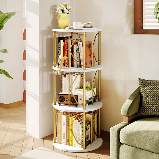 3 Tier Rotating Bookshelf Tower, Revolving Bookcase, 360° Round Spinning Book Shelf, Narrow Swivel Bookshelves Vertical Turning Corner Bookshelf Organizer for Bedroom, Living Room, Gold & White