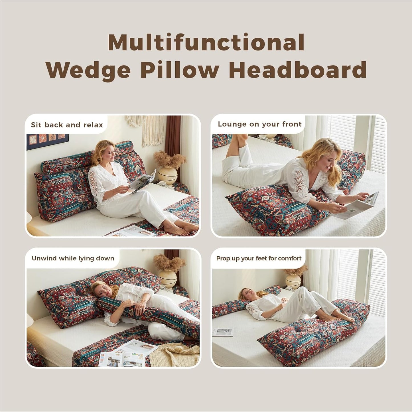 Boho Headboard Pillow for Full, Large Triangular Wedge Pillow for Headboard Gap, Daybed for Sitting Up in Bed, Couch or Sofa with Removable Washable Cover and Side Pockets, Sparks Bloom