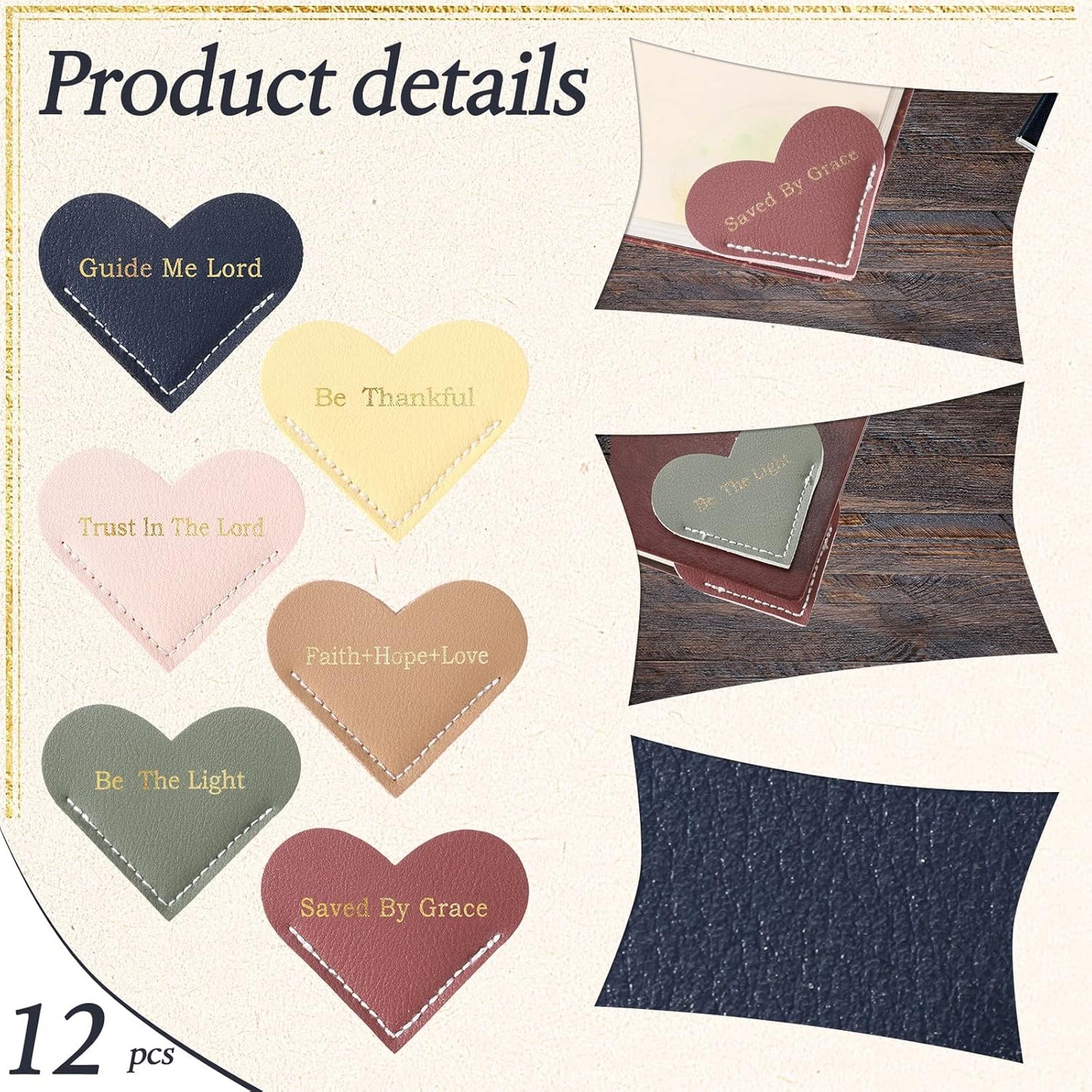 Kosiz 12 Pieces Christian Bible Verse Leather Heart Bookmark Bulk Cute Heart Page Corner Bookmark for Book Lovers Reading Accessories for Mother Women Teacher, 6 Styles