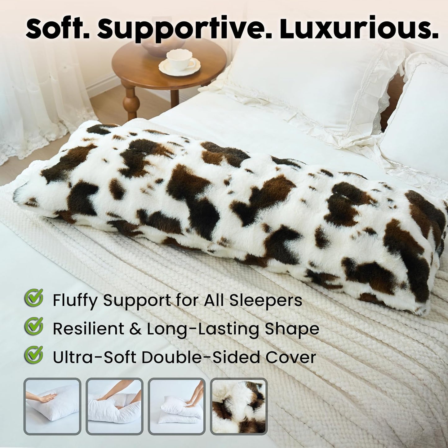 OMEO Winter Fluffy Full Body Pillow – Memory Foam Pregnancy Pillow, Nursing Pillow for Side Sleepers, Weighted Body Pillow for Adults (Soft Cow Print Cover)