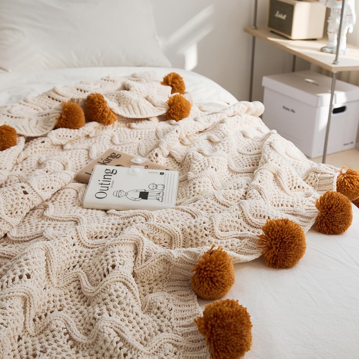 vctops Boho Chenille Knitted Throw Blanket for Couch Cute Pompom Soft Cozy Bed Blankets Decorative and Giftable Striped Blanket for Women, Men (Beige,51"x63")